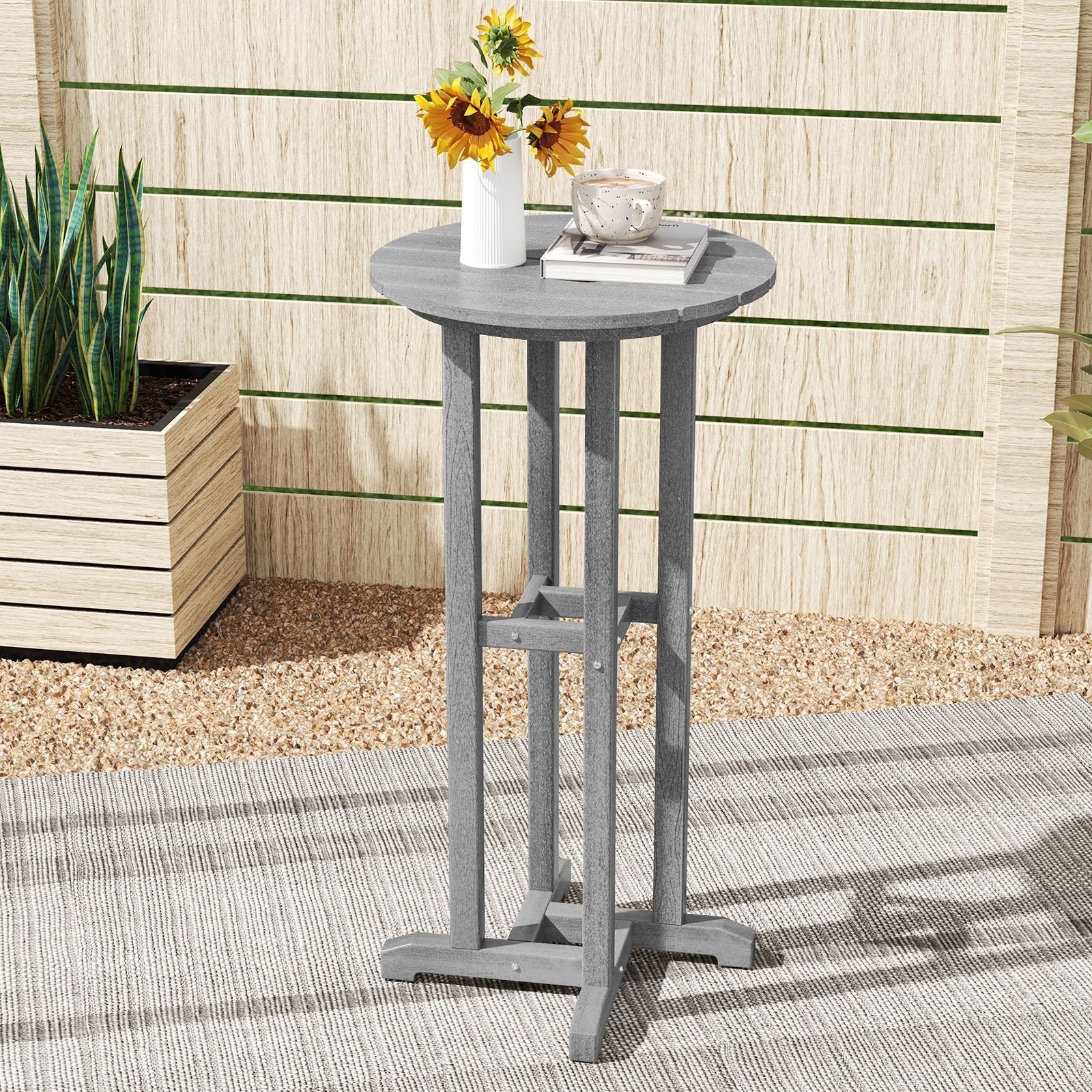 21.5 Inch Round Bar Table Patio HDPE Bar Height Dining Table with Slatted Tabletop-Black