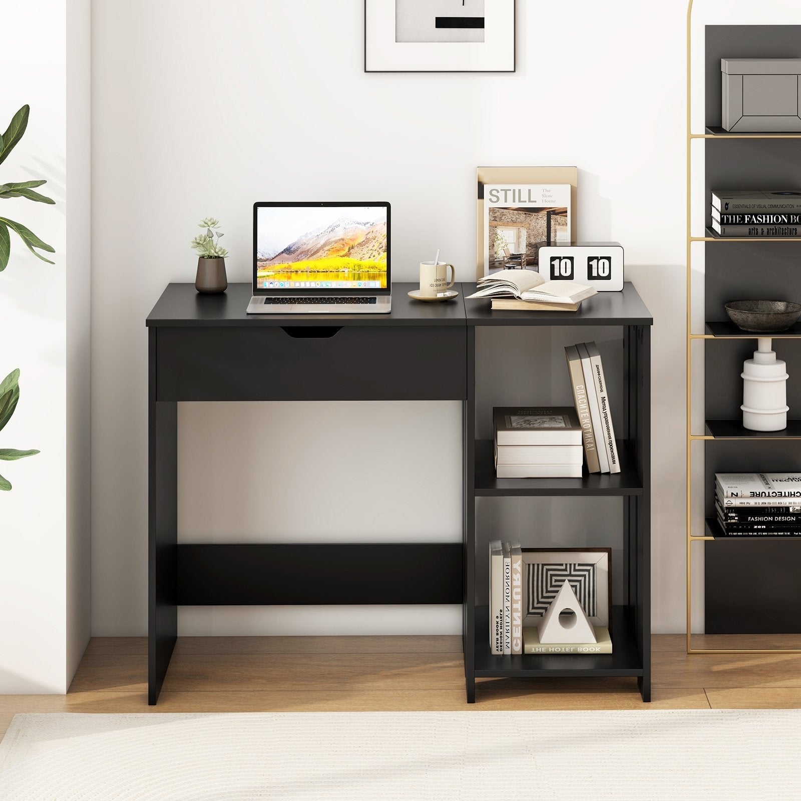 Space Saving Computer Desk with Hidden Compartment and Open Storage Shelves-Black