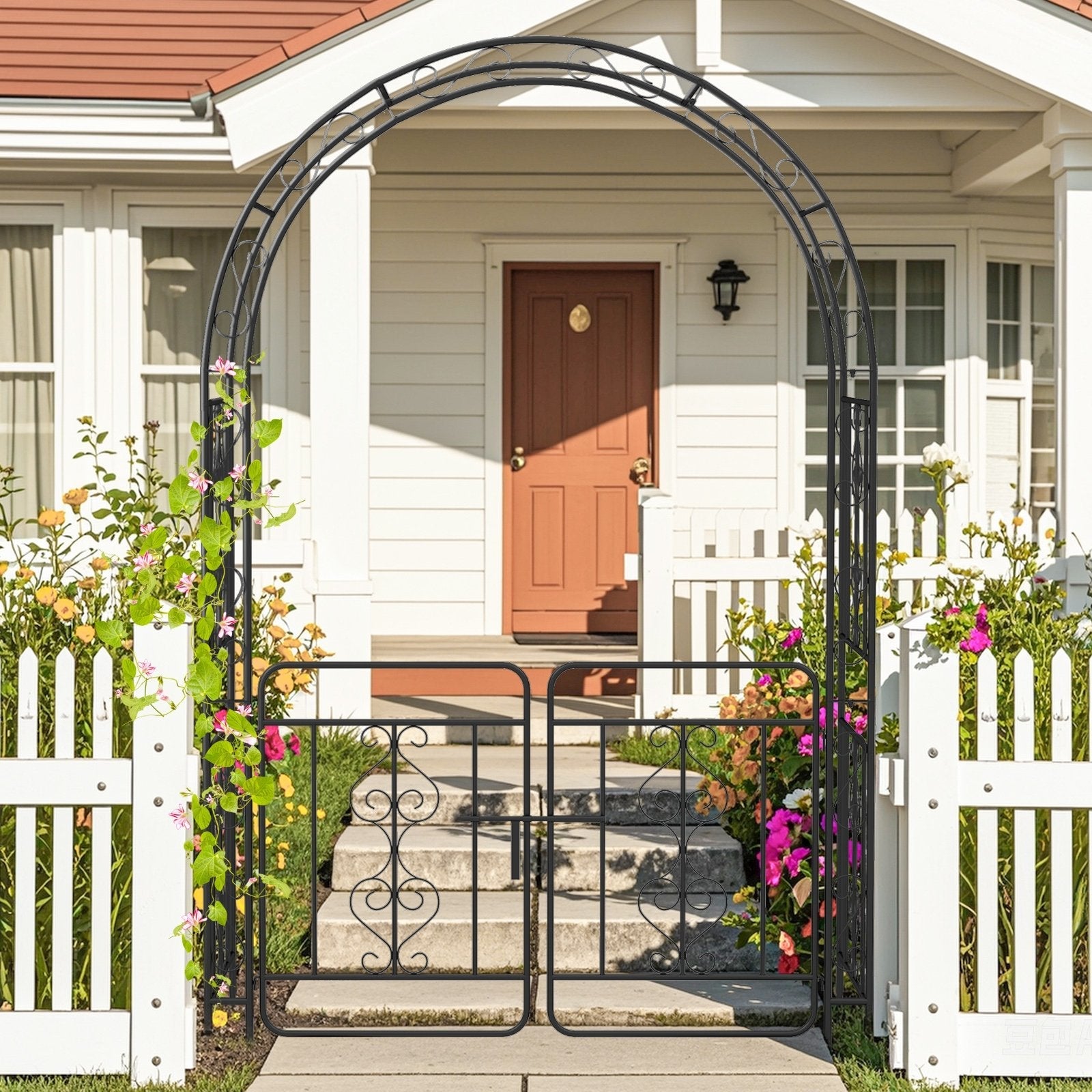 Garden Arbor with Gate with Multiple Side Crossbars and 4 Sharp Ground Stakes-Black