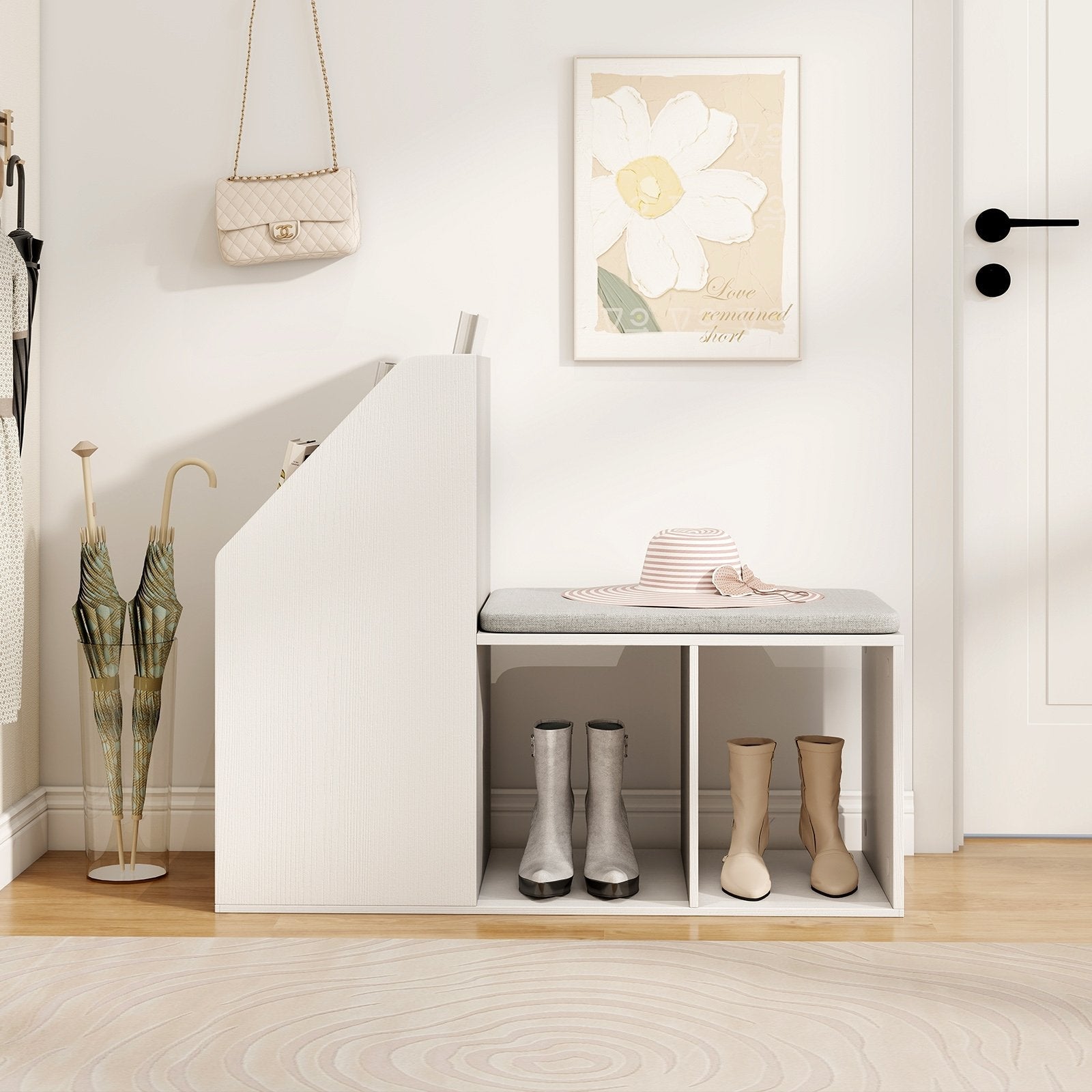 Shoe Storage Bench with Removable Seat Cushion and 6 Storage Compartments-White