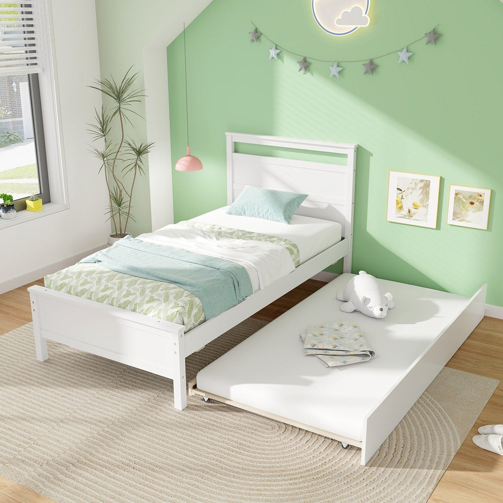 Twin Size Wooden Bed Frame with Trundle for Teens and Adults-Gray
