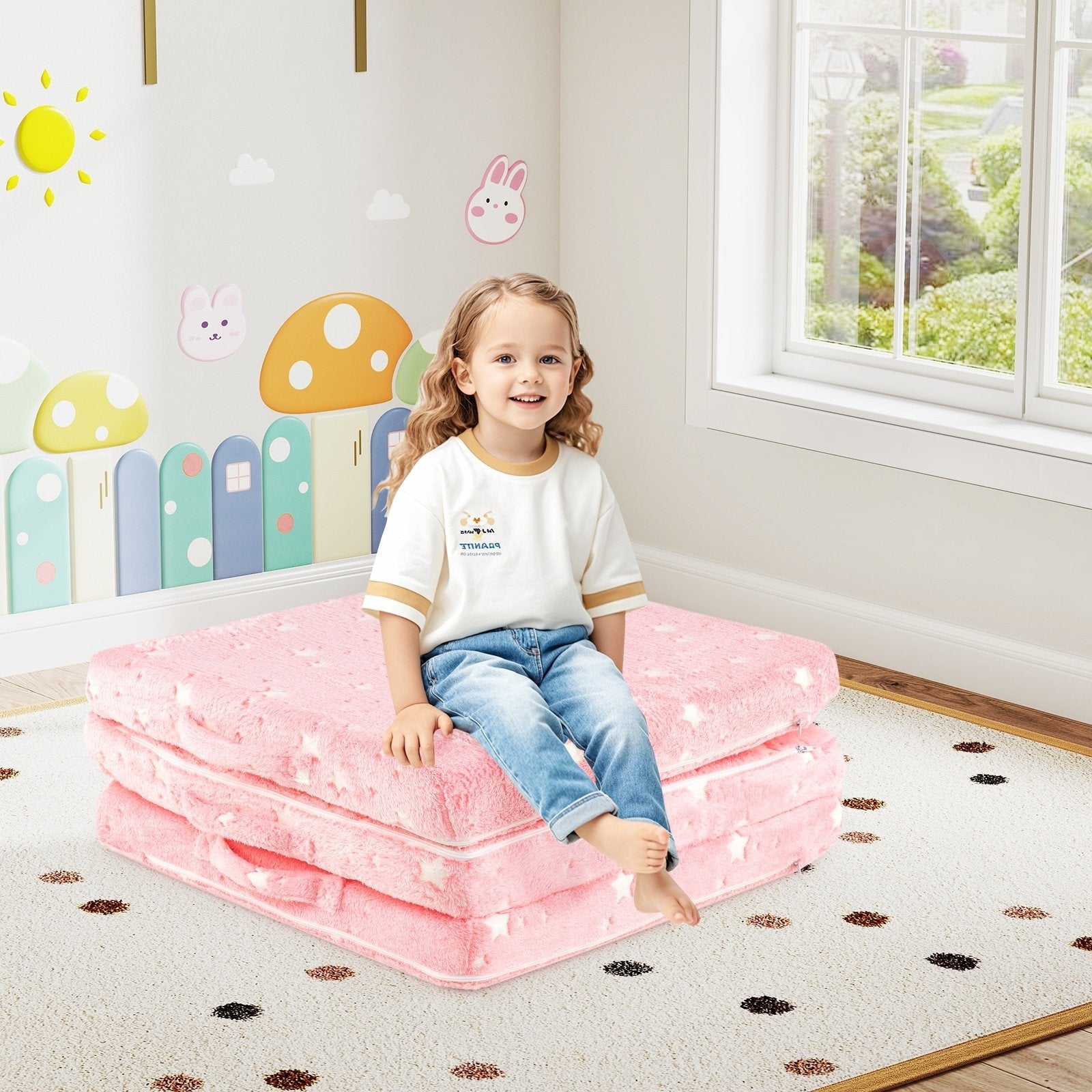 Foldable Floor Mattress for Kids with Washable Flannel Cover-Dark Gray