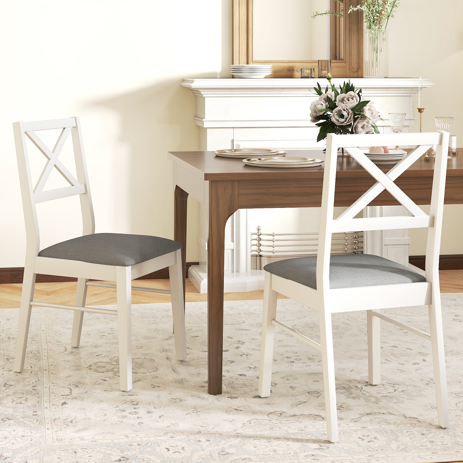 Upholstered Side Dining Chairs Set of 2 with Rubber Wood Frame-Brown