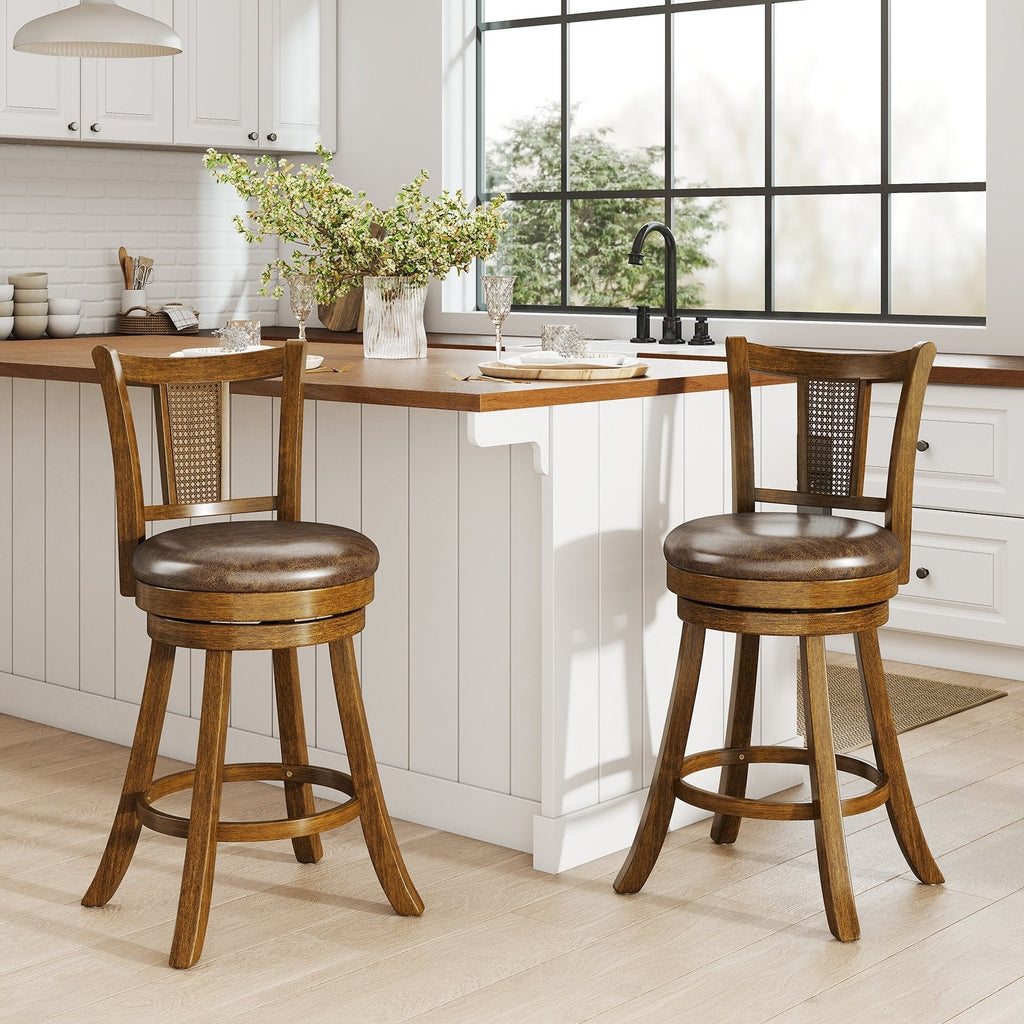 30 Inch Set of 2 Bar Stools with PE Rattan Backrest and Rubber Wood Frame-Brown
