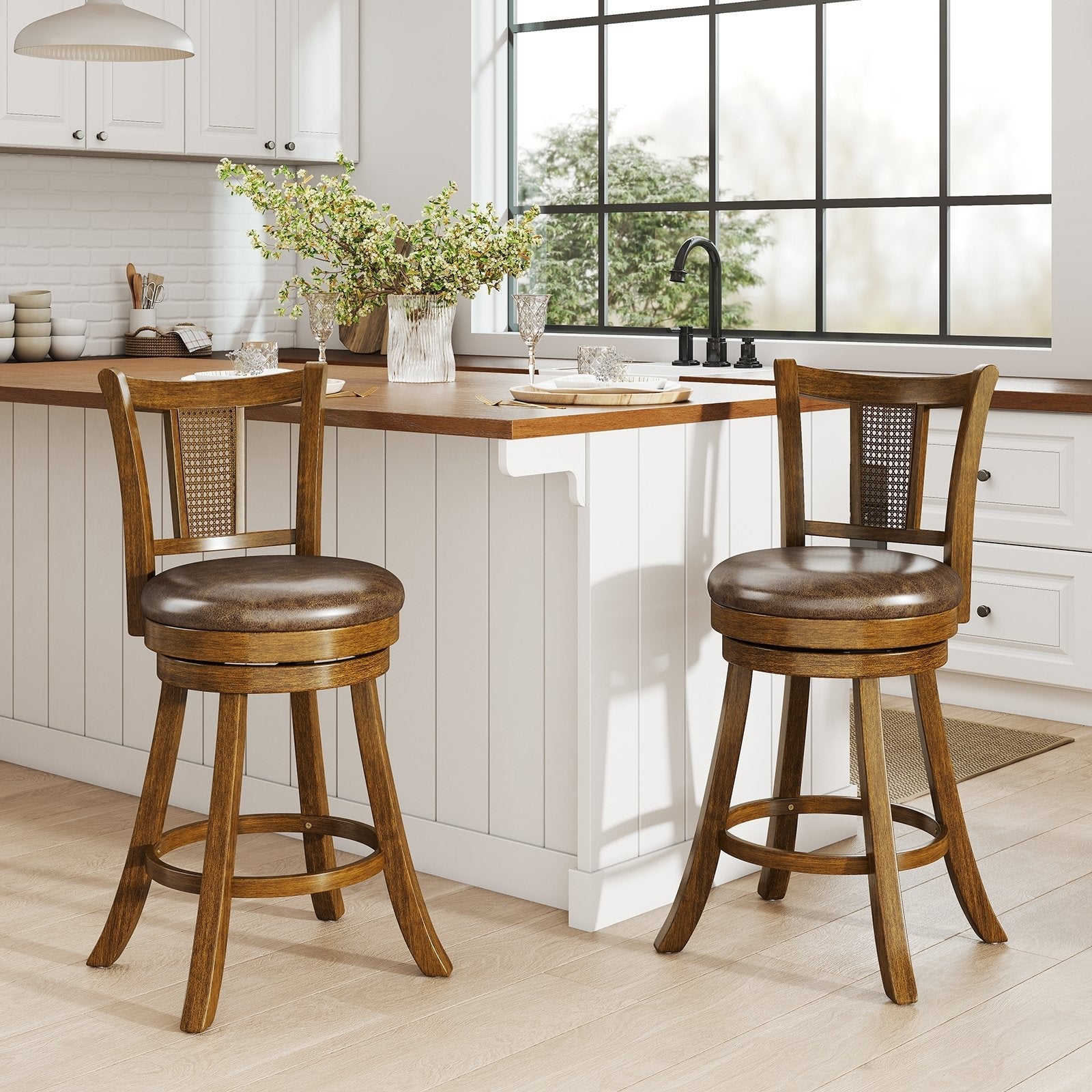 30 Inch Set of 2 Bar Stools with PE Rattan Backrest and Rubber Wood Frame-Brown