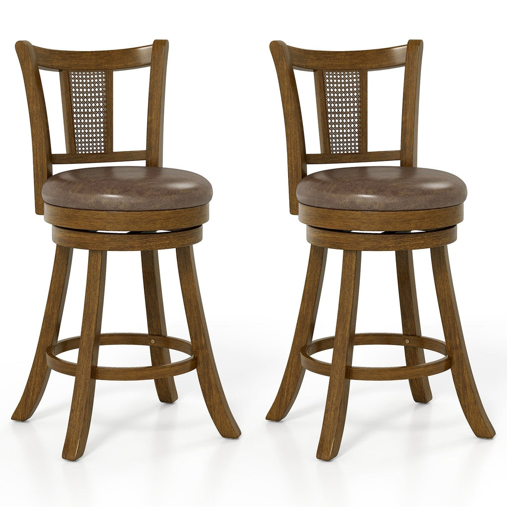 30 Inch Set of 2 Bar Stools with PE Rattan Backrest and Rubber Wood Frame-Brown