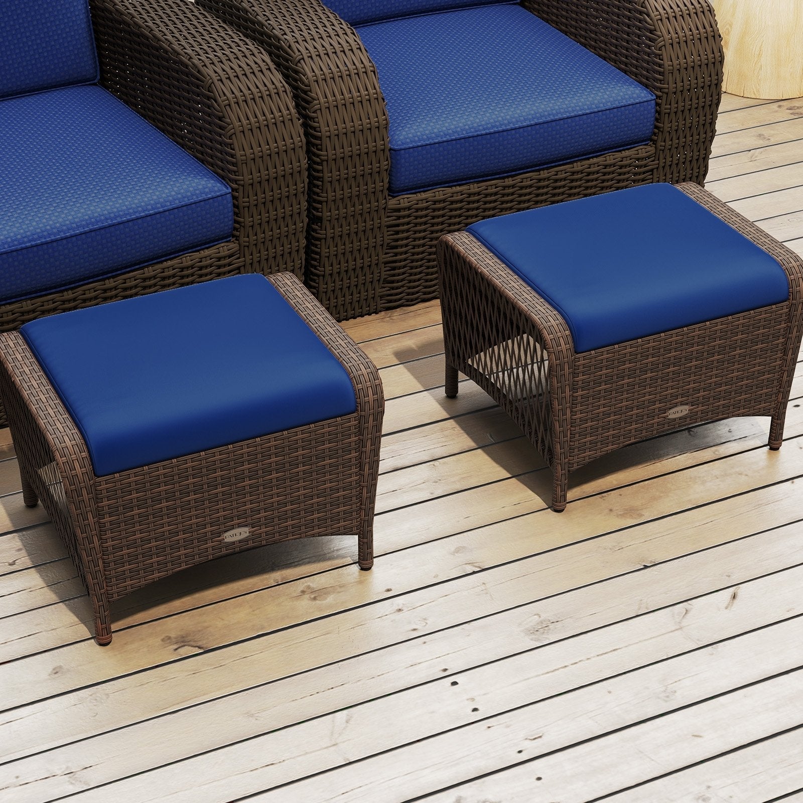 Set of 2 Outdoor Patio PE Wicker Ottomans with Removable Cushions-Beige