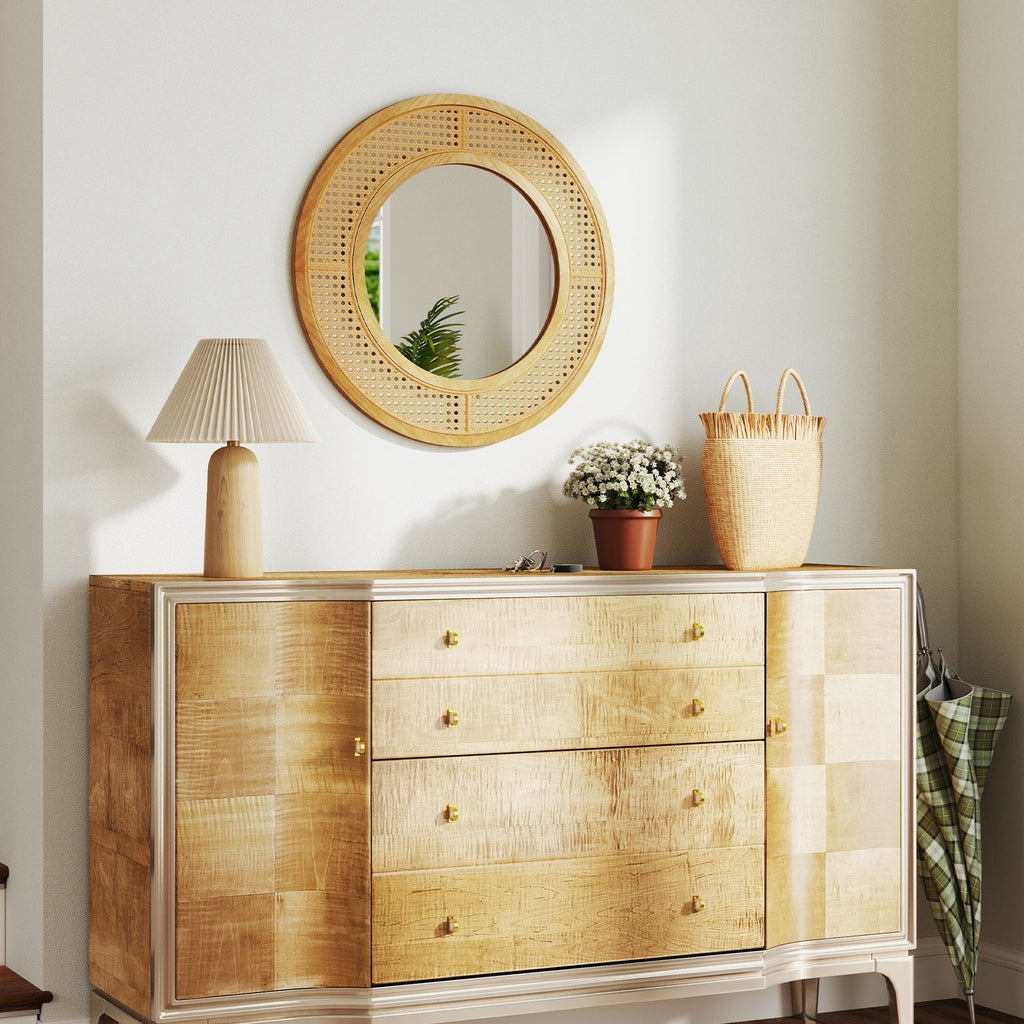 25.5 Inch Bohemian Round Wall Mounted Decorative Mirror with Wooden Frame-Natural