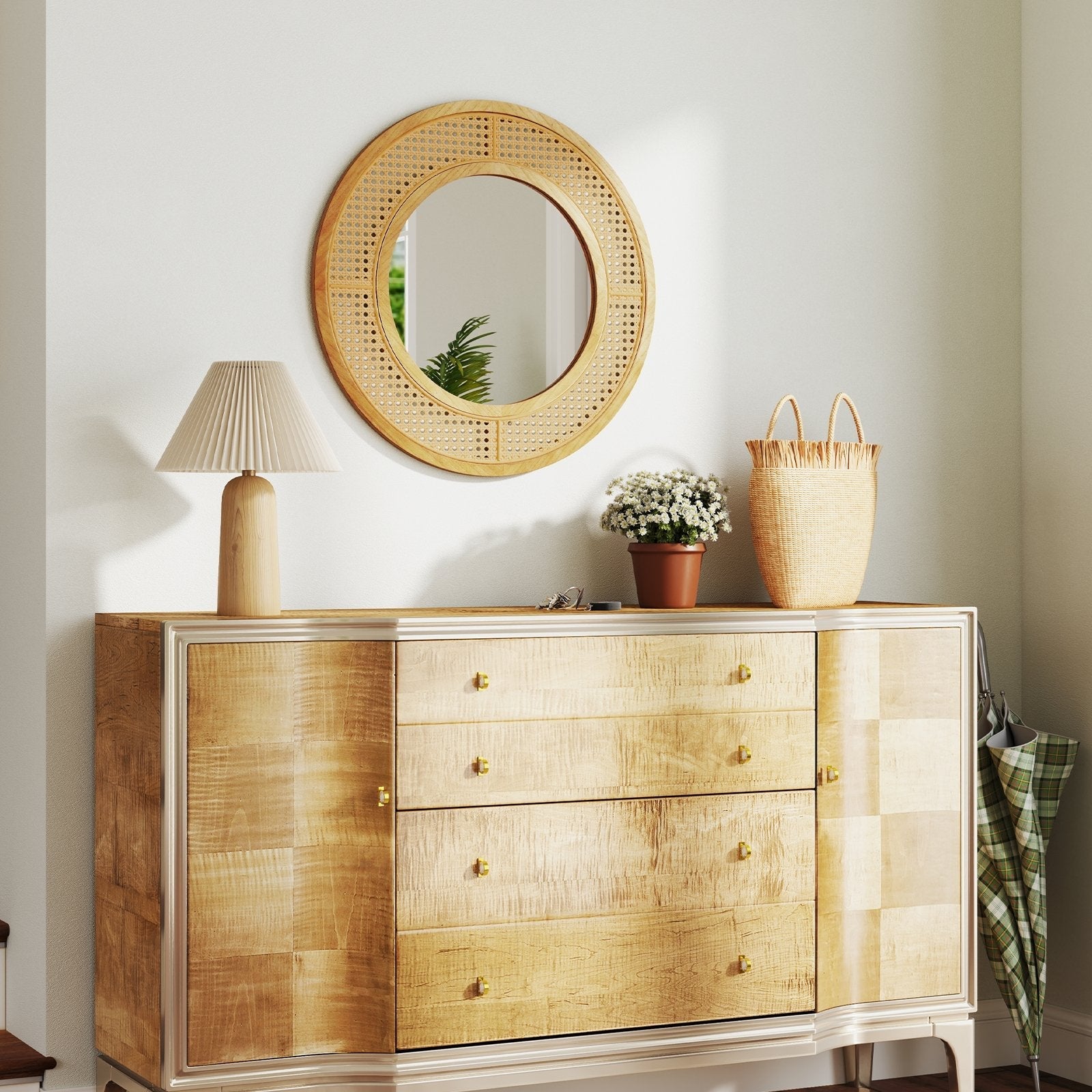 25.5 Inch Bohemian Round Wall Mounted Decorative Mirror with Wooden Frame-Natural