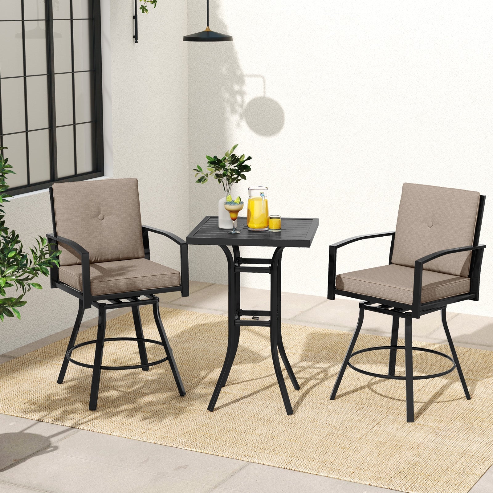 3 Pieces Patio Swivel Bar Set with Soft Cushions and Umbrella Hole-Brown
