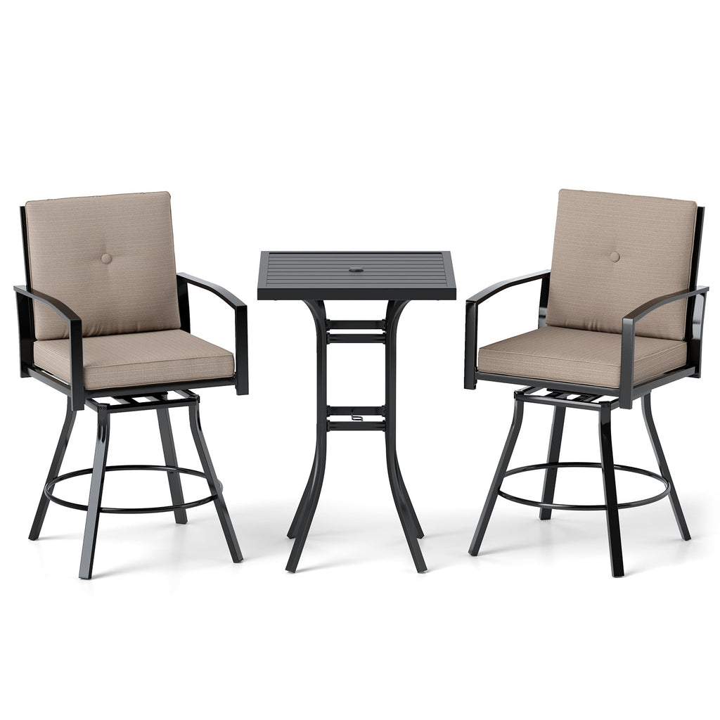 3 Pieces Patio Swivel Bar Set with Soft Cushions and Umbrella Hole-Brown