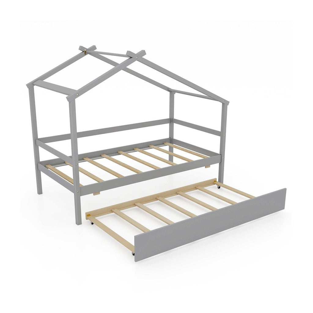 Kids Twin Size House Bed with Trundle and Roof-Gray