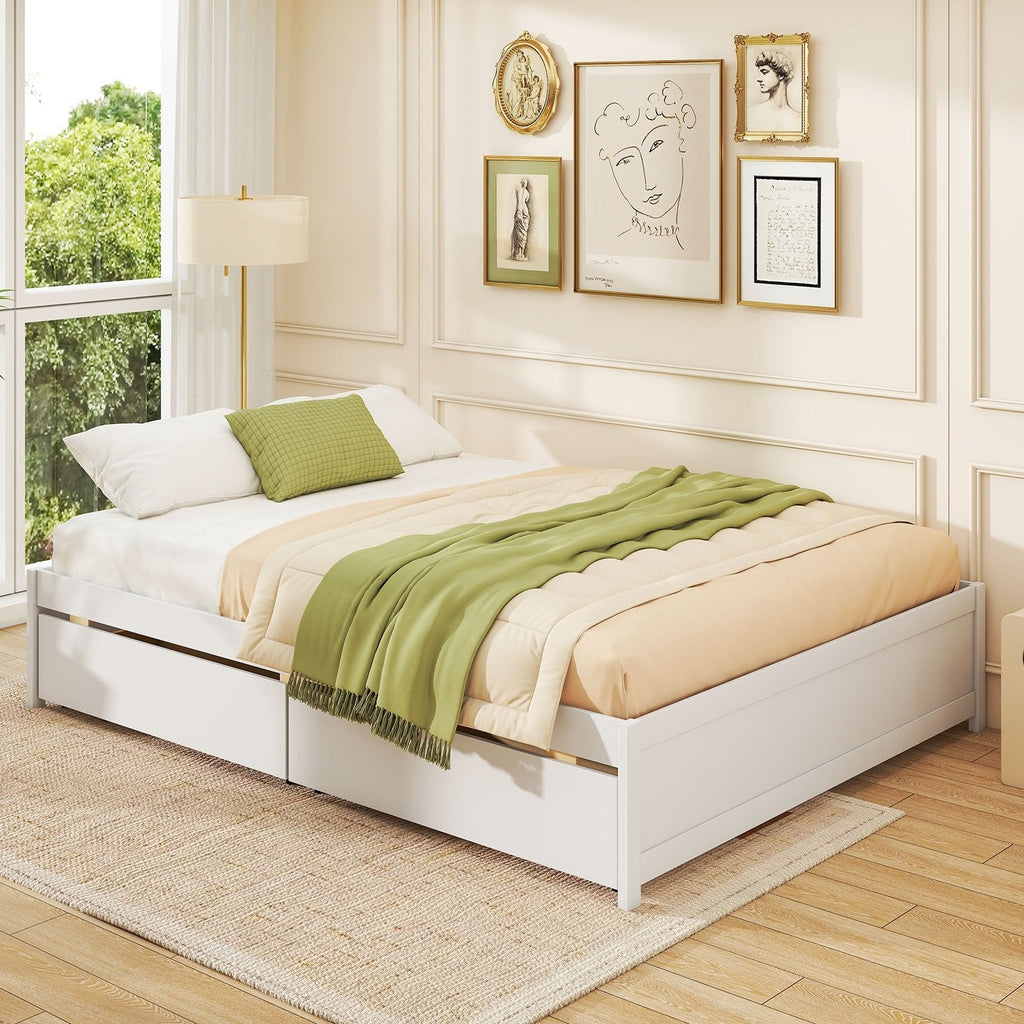 Queen Size Bed Frame with 2 Rolling Storage Drawers-Natural