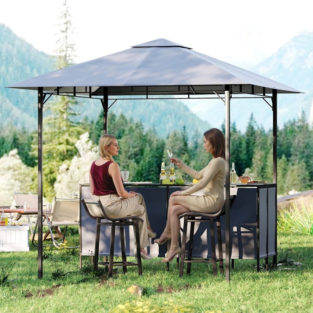 3-Piece Patio Bar Set 8 x 8 FT Double-Tier Grill Gazebo with 2 Bar Stools-Gray