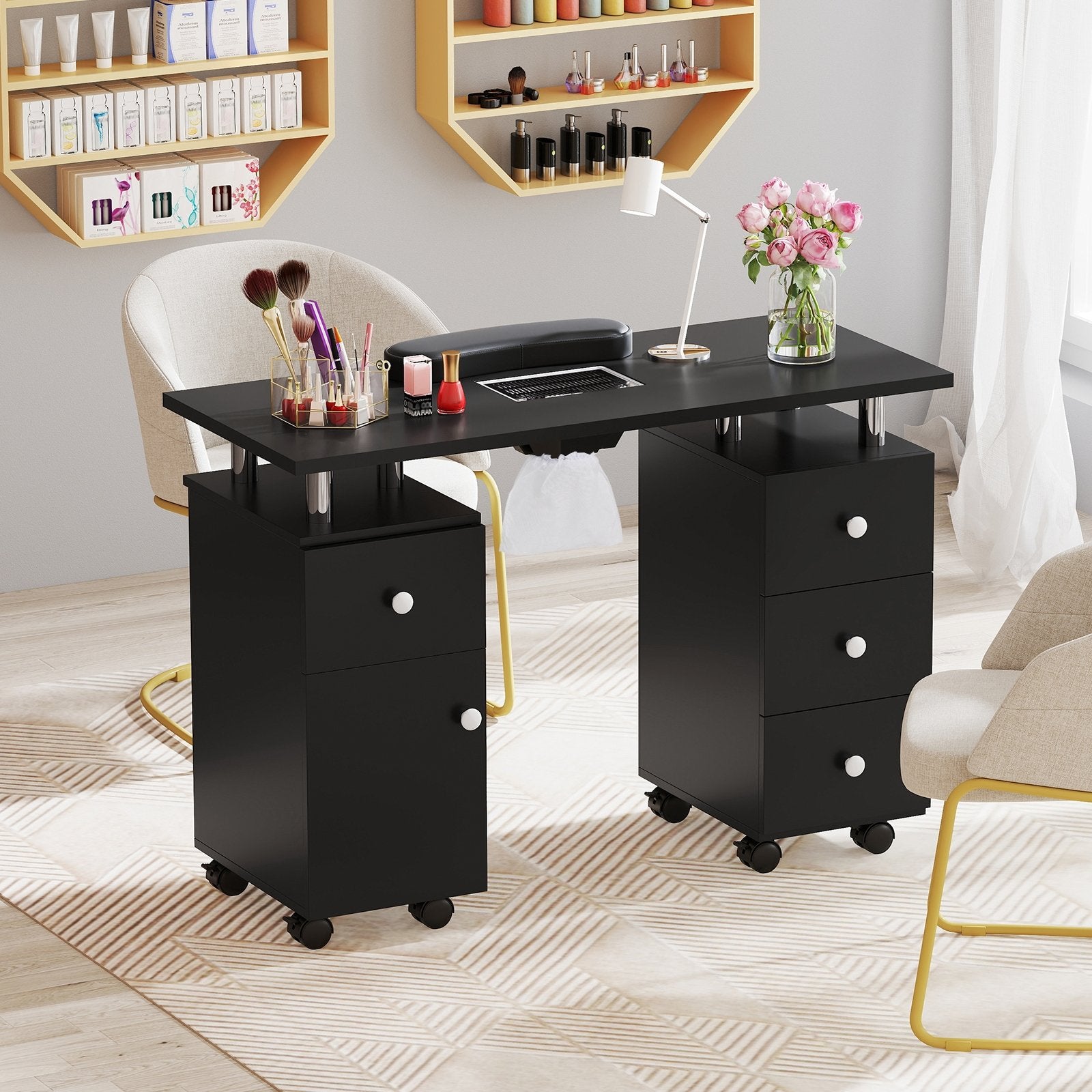 Manicure Table Nail Desk with Electric Dust Collector and 3 Dust Bags-Black