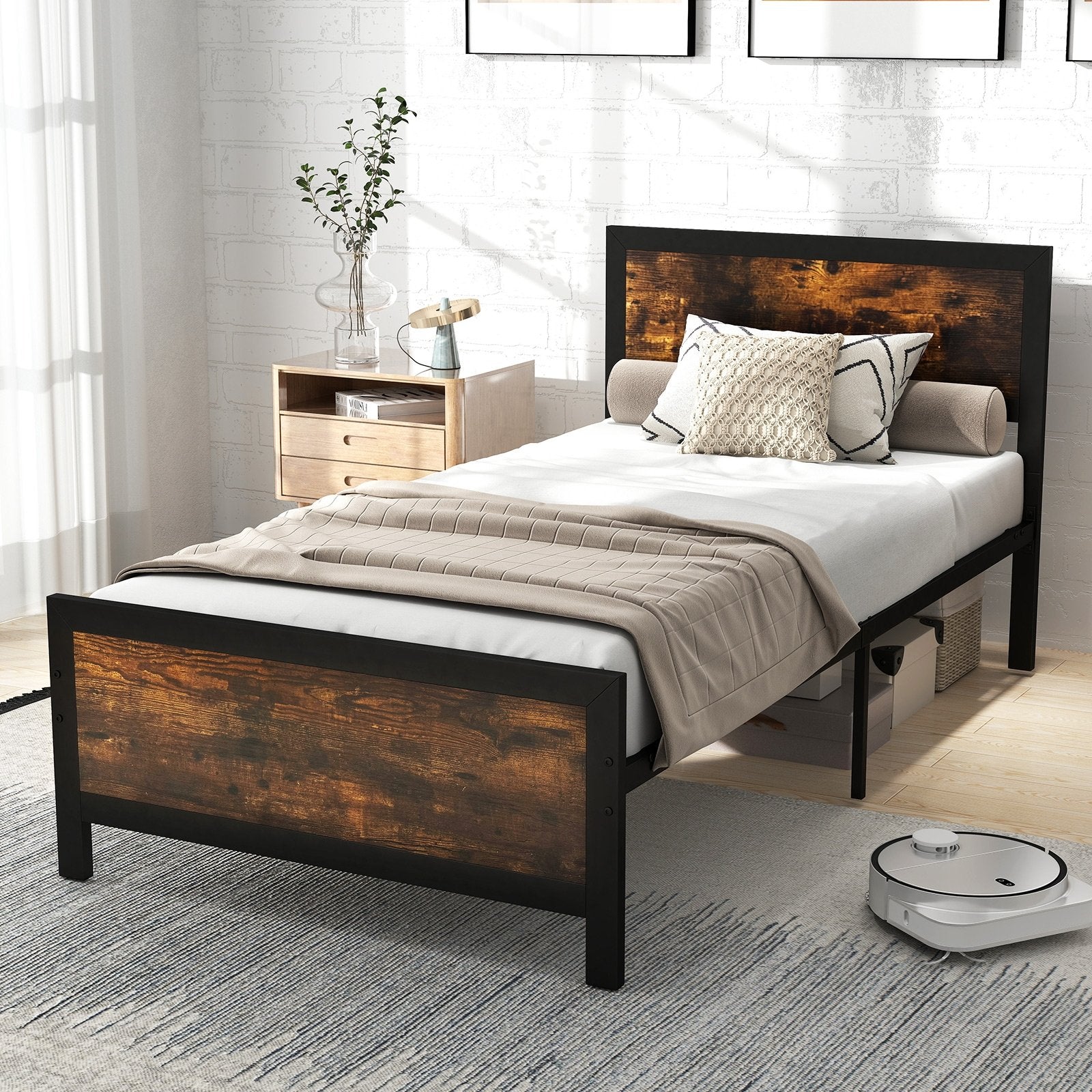 Metal Bed Frame with Headboard and Footboard-Queen Size