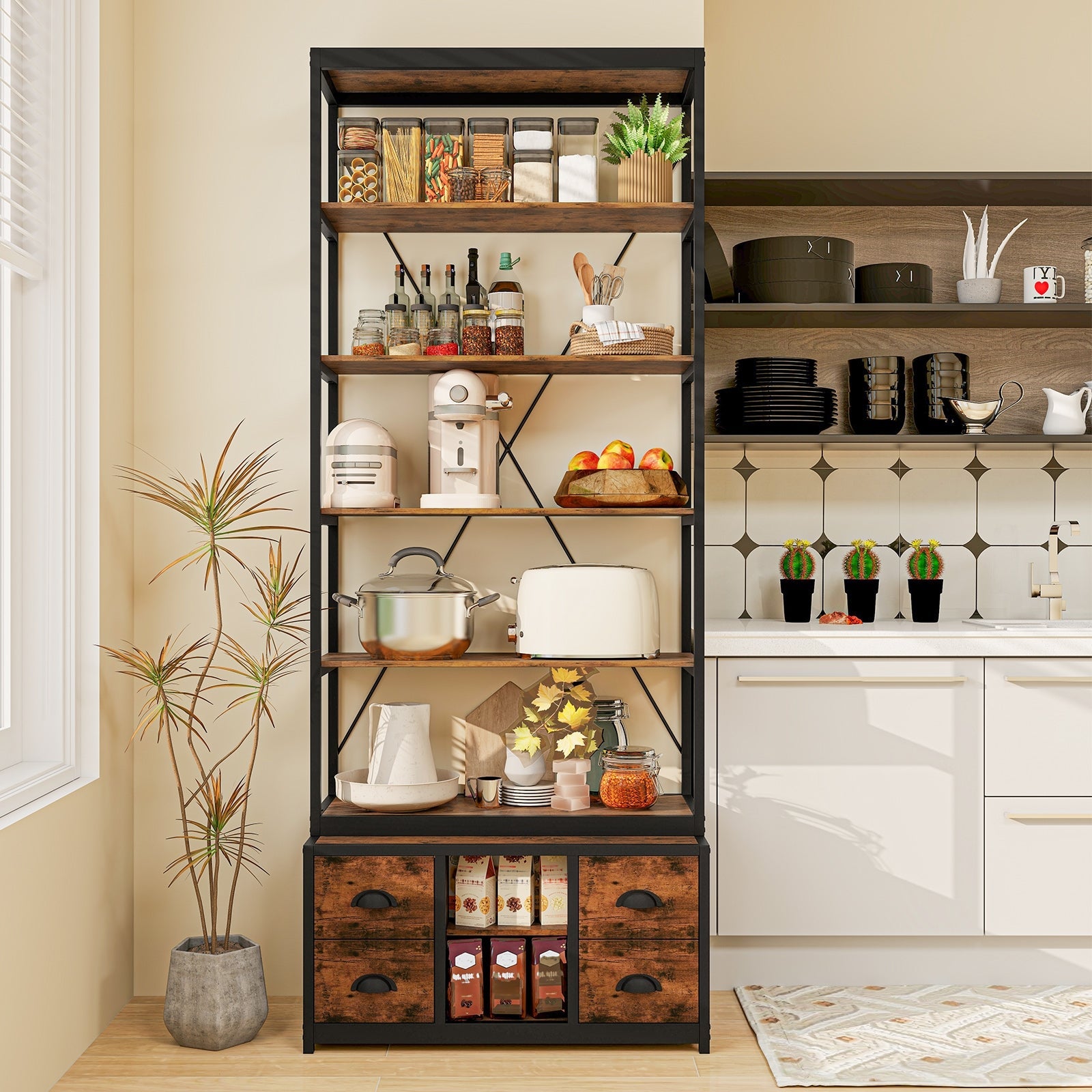 8-tier Bookshelf with 4 Fabric Drawers  and Heavy-duty Metal Frame-Coffee