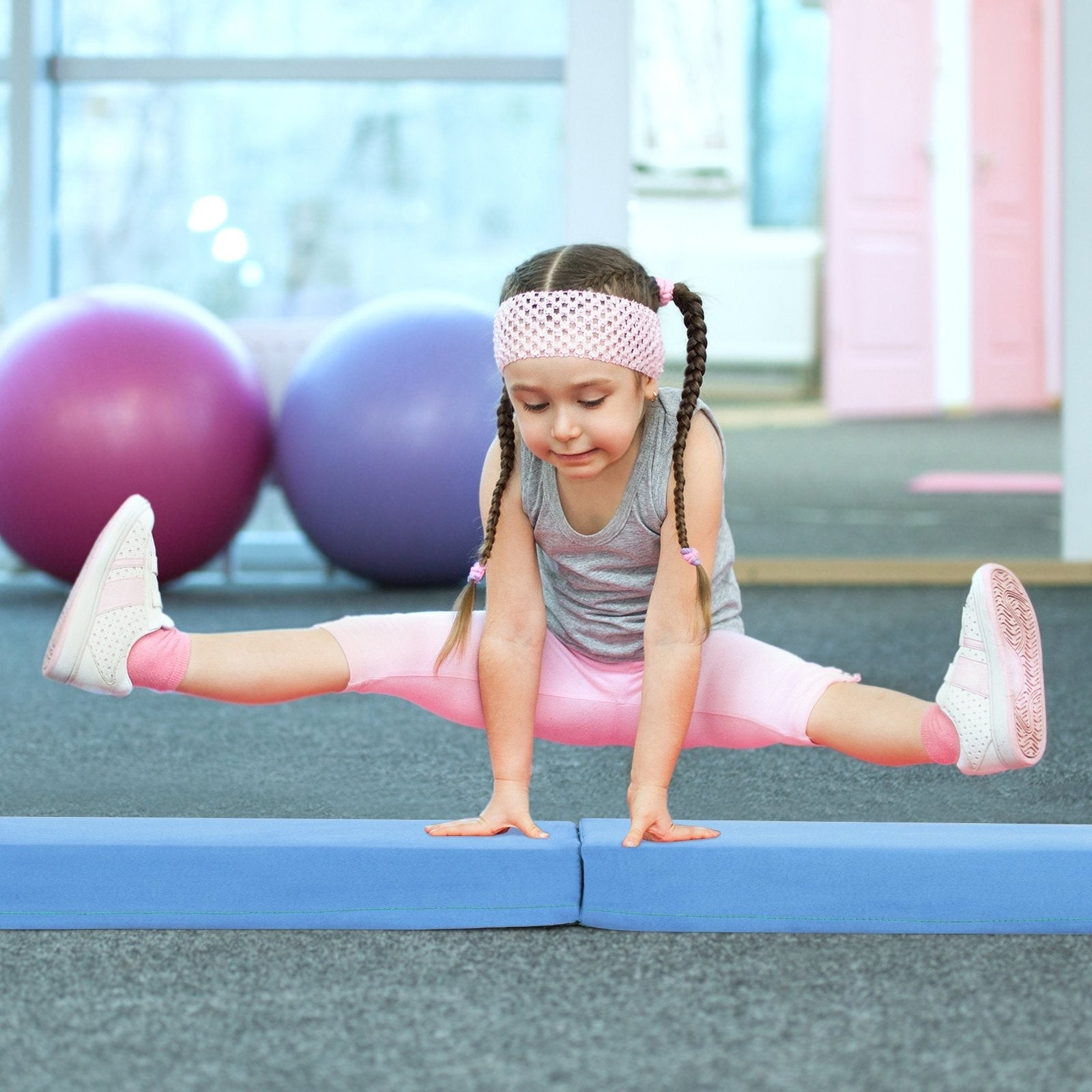 7 FT Folding Balance Beam with Removable Suede Cover and Non-slip Bottom-Khaki