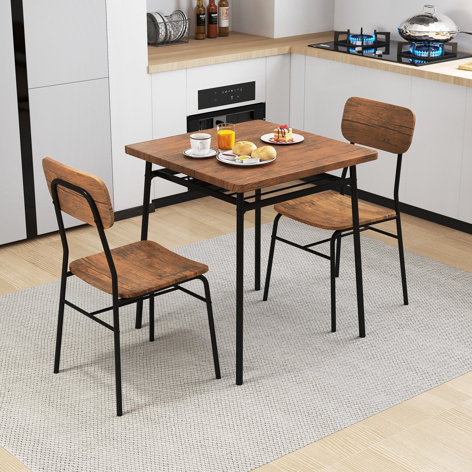 3 Piece Dining Table Set for 2 Wood Square Table with Metal Frame-Brown
