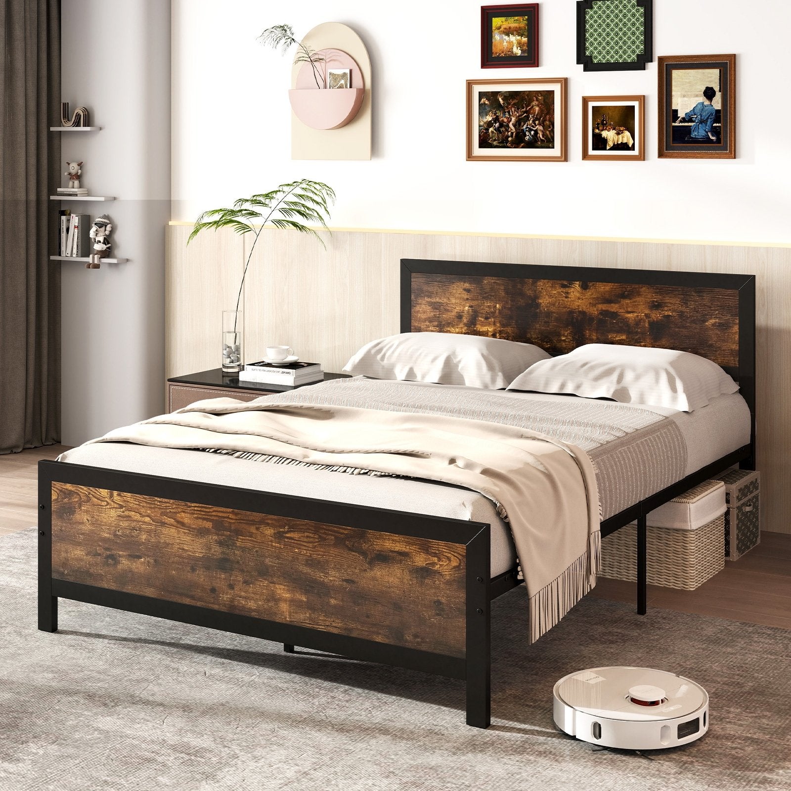 Metal Bed Frame with Headboard and Footboard-Queen Size