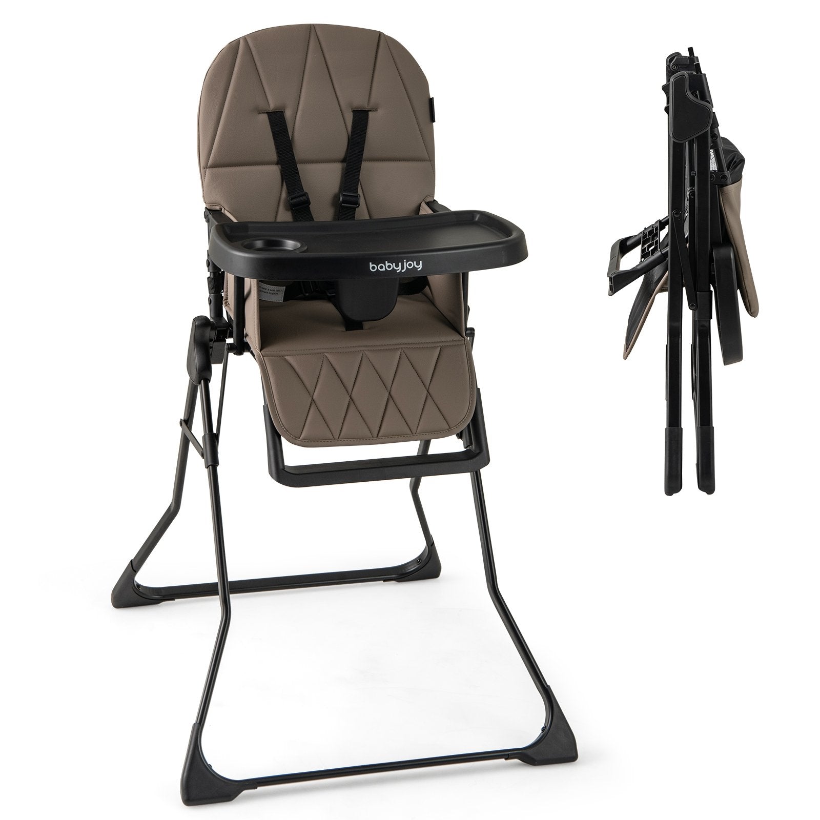 Easy Clean Compact Highchair with Removable Adjustable Tray and PU Seat Cushion-Brown
