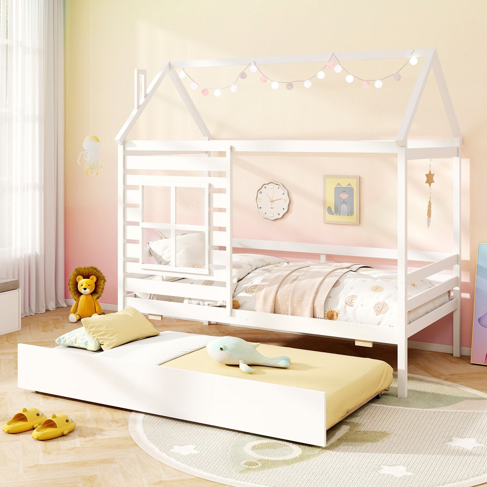 Twin Size Wooden Platform House Bed with Trundle and Roof-Grey