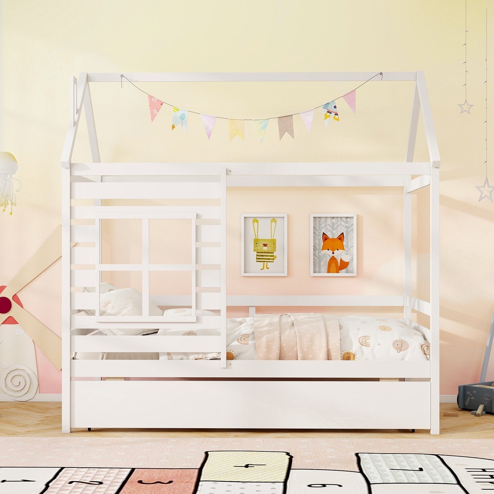Twin Size Wooden Platform House Bed with Trundle and Roof-Grey