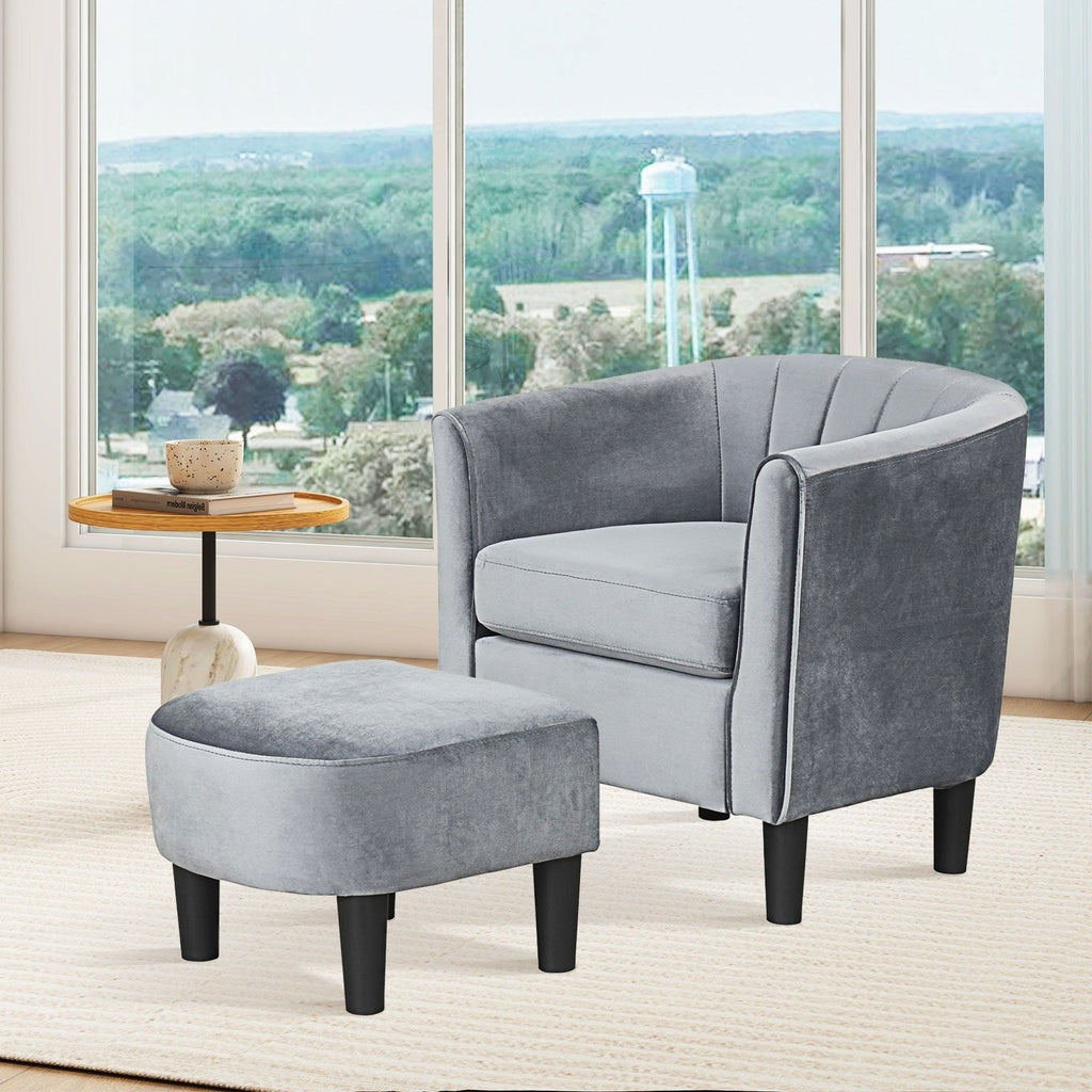 Upholstered Teddy Velvet Club Barrel Chair with Ottoman with Footrest-Beige
