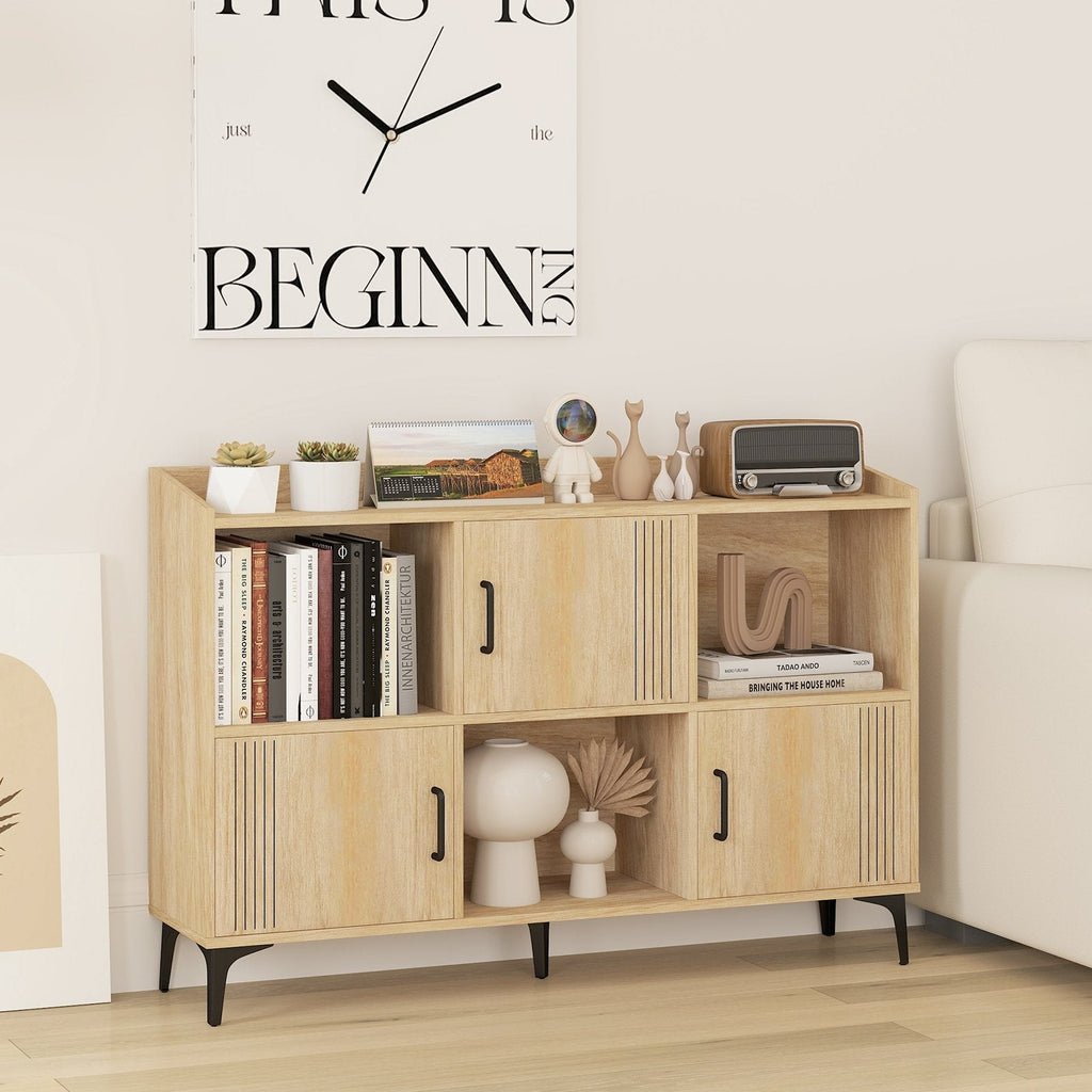 Sideboard Storage Cabinet Bookcase with 3 Doors and Open Compartments-Oak
