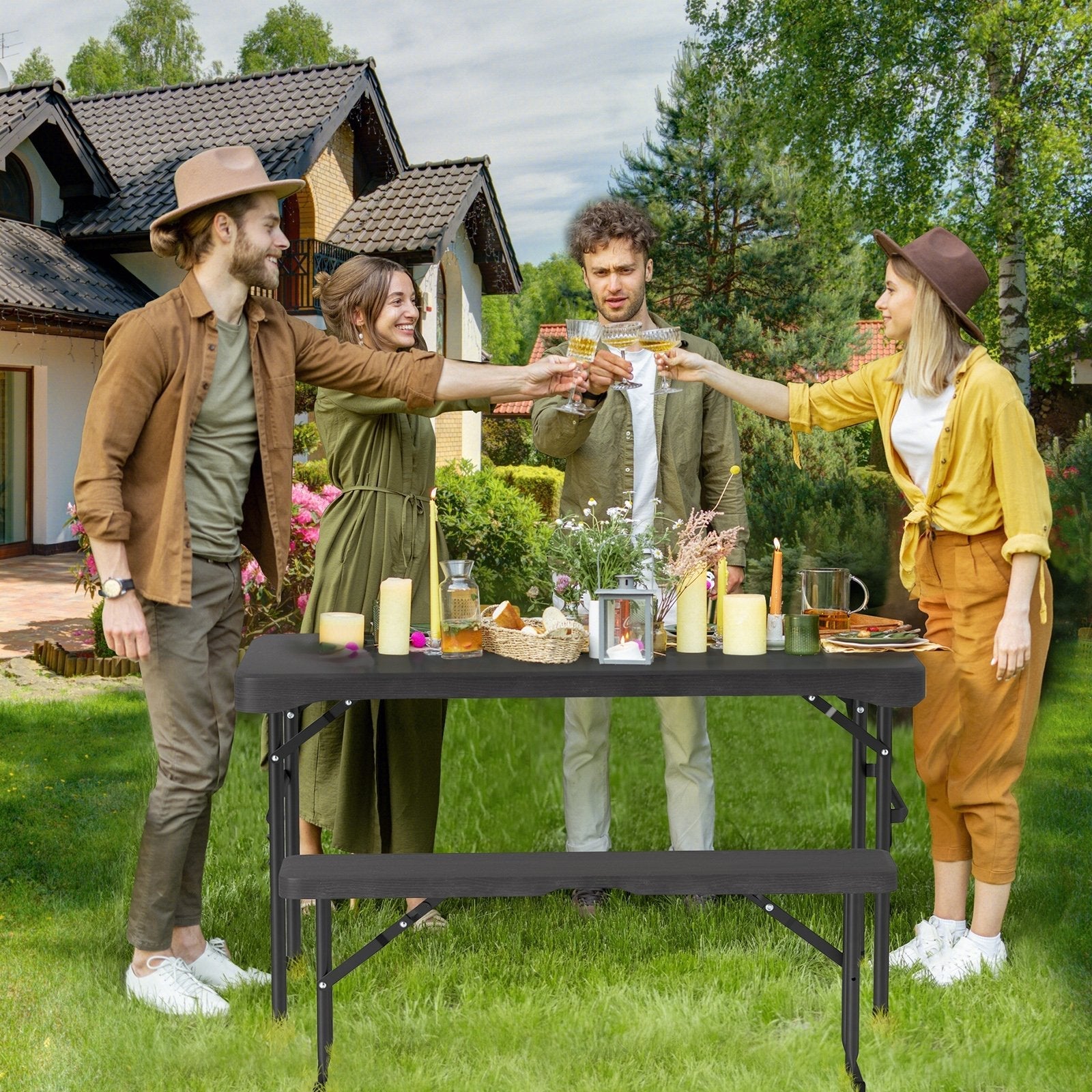 Outdoor Folding Table Bench Set w All-Weather HDPE Tabletop and Sturdy Metal Frame-Black