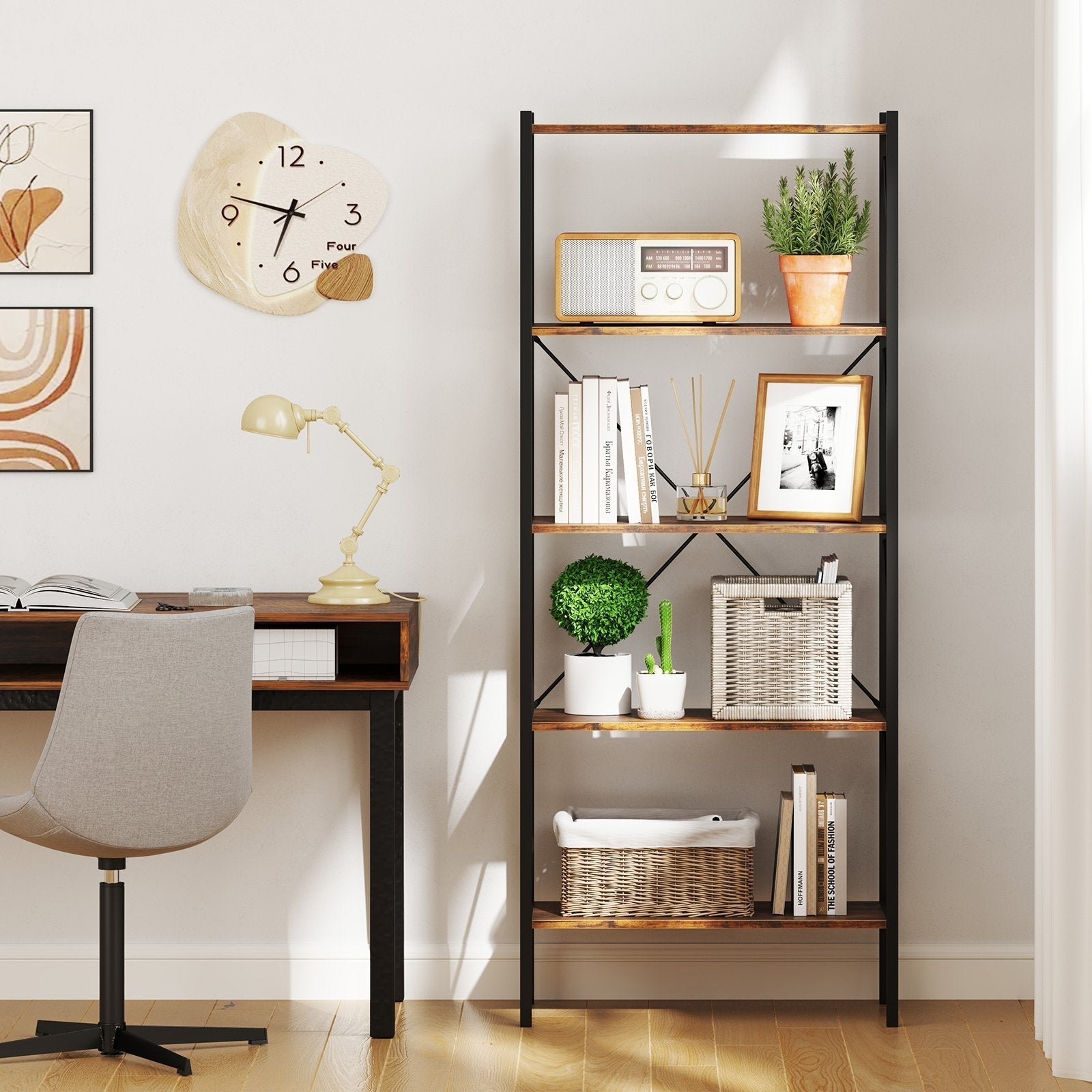 5-Tier Bookshelf with Open Shelves and Heavy Duty Metal Frame-Gray