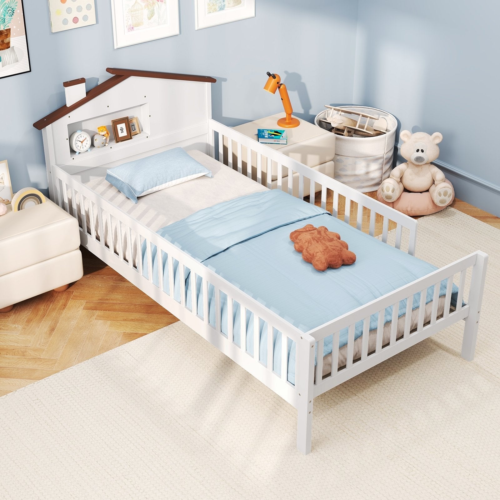 Twin Size Kids Montessori Bed with House-Shaped Headboard and Built-in Storage Shelf-Natural