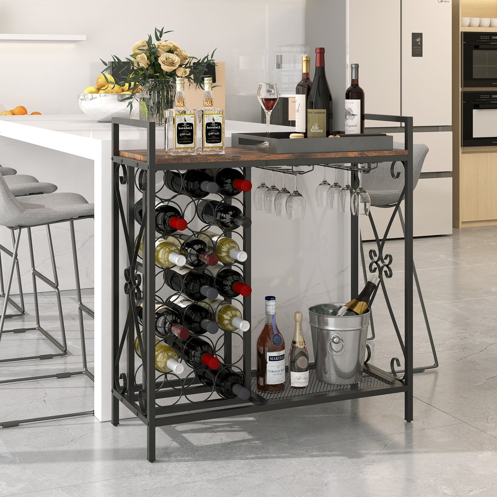 21 Bottle Wine Rack Freestanding Floor Wine Bottle Organizer with Glass Holder-Golden