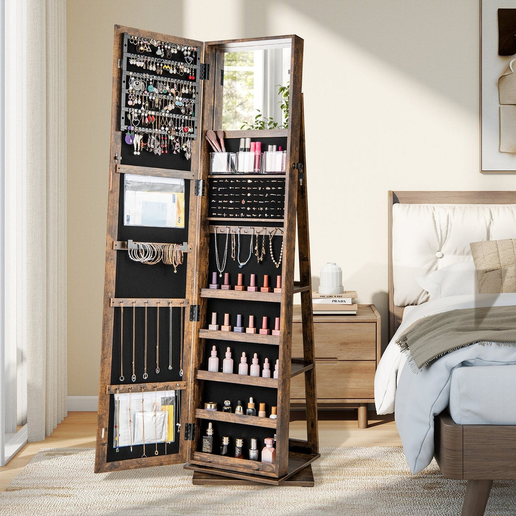 360° Swivel Jewelry Armoire Standing Jewelry Organizer with Full Length Mirror and Back Shelves-Rustic Brown