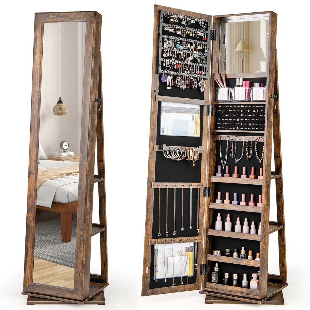 360° Swivel Jewelry Armoire Standing Jewelry Organizer with Full Length Mirror and Back Shelves-Rustic Brown