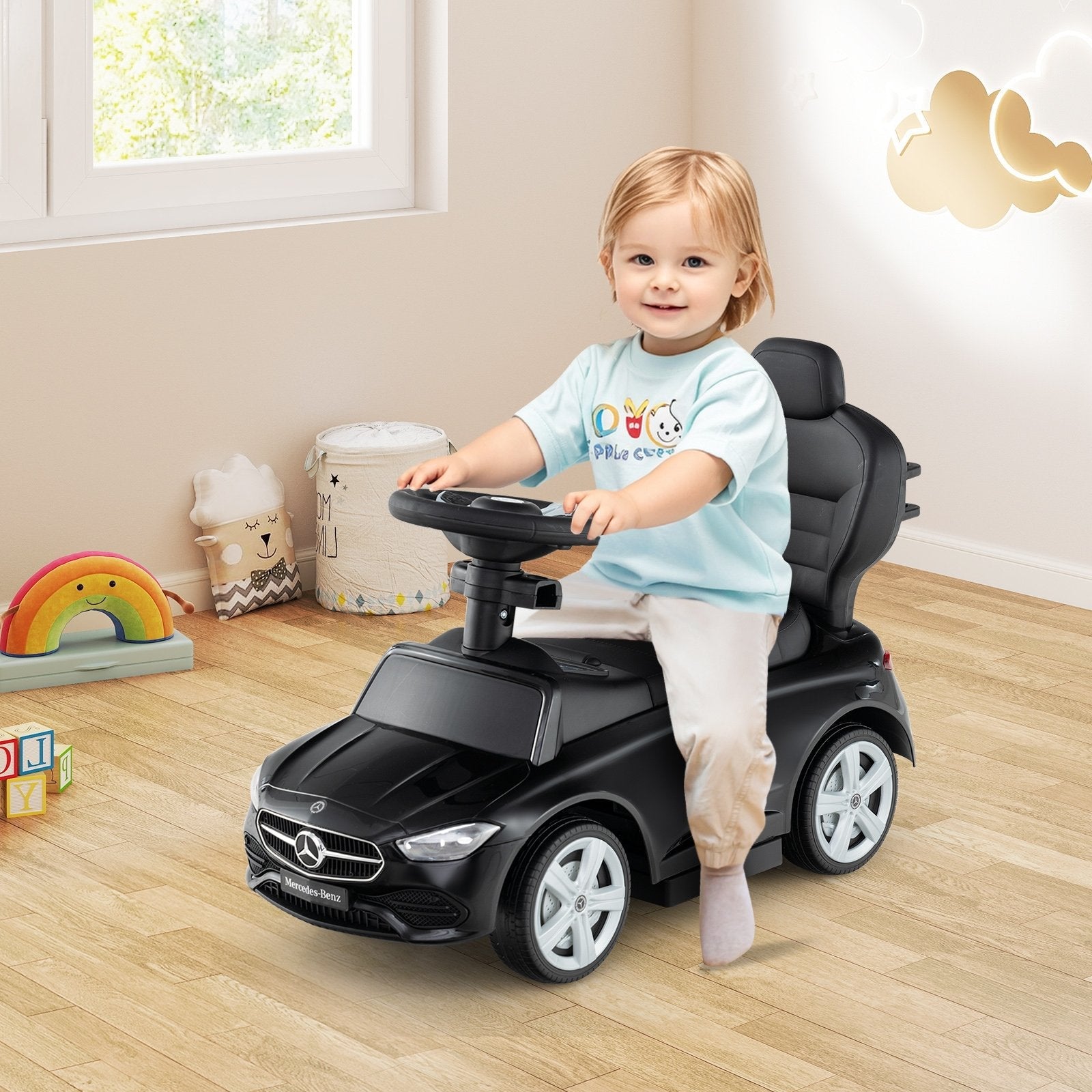 3-in-1 Ride on Push Car Mercedes-Benz Licensed Sliding Car with Canopy-Black