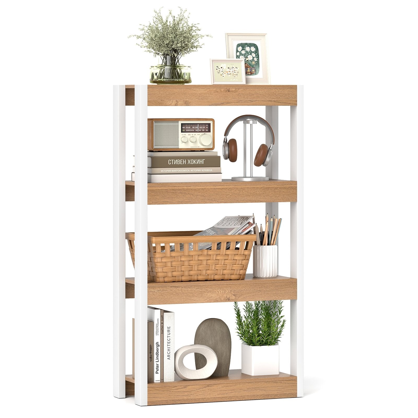 4 Tier Bookshelf Wooden Bookcase with Dual Anti-Tipping Kits-Natural