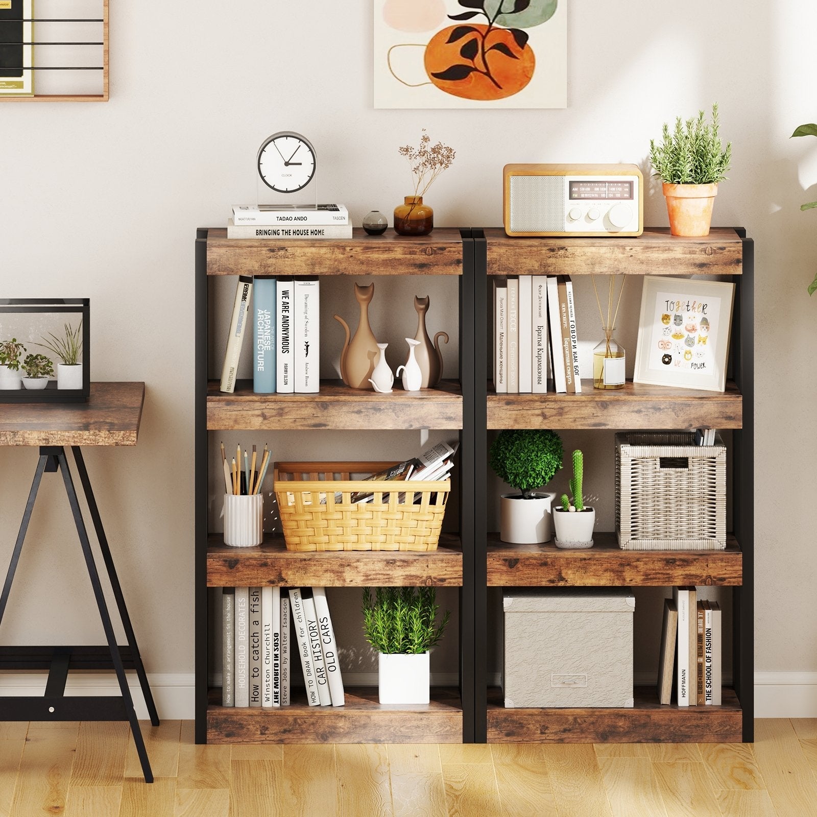 4 Tier Bookshelf Wooden Bookcase with Dual Anti-Tipping Kits-Natural