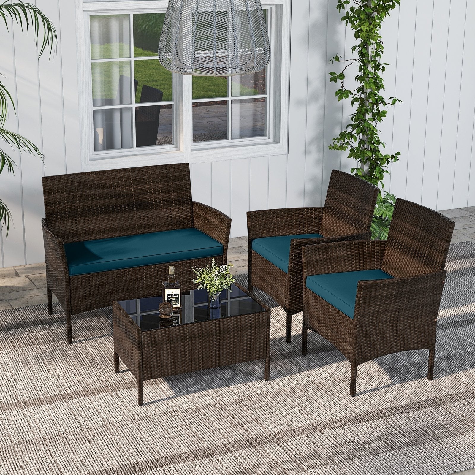 4 Piece Patio Rattan Conversation Set with Cozy Seat Cushions-Black