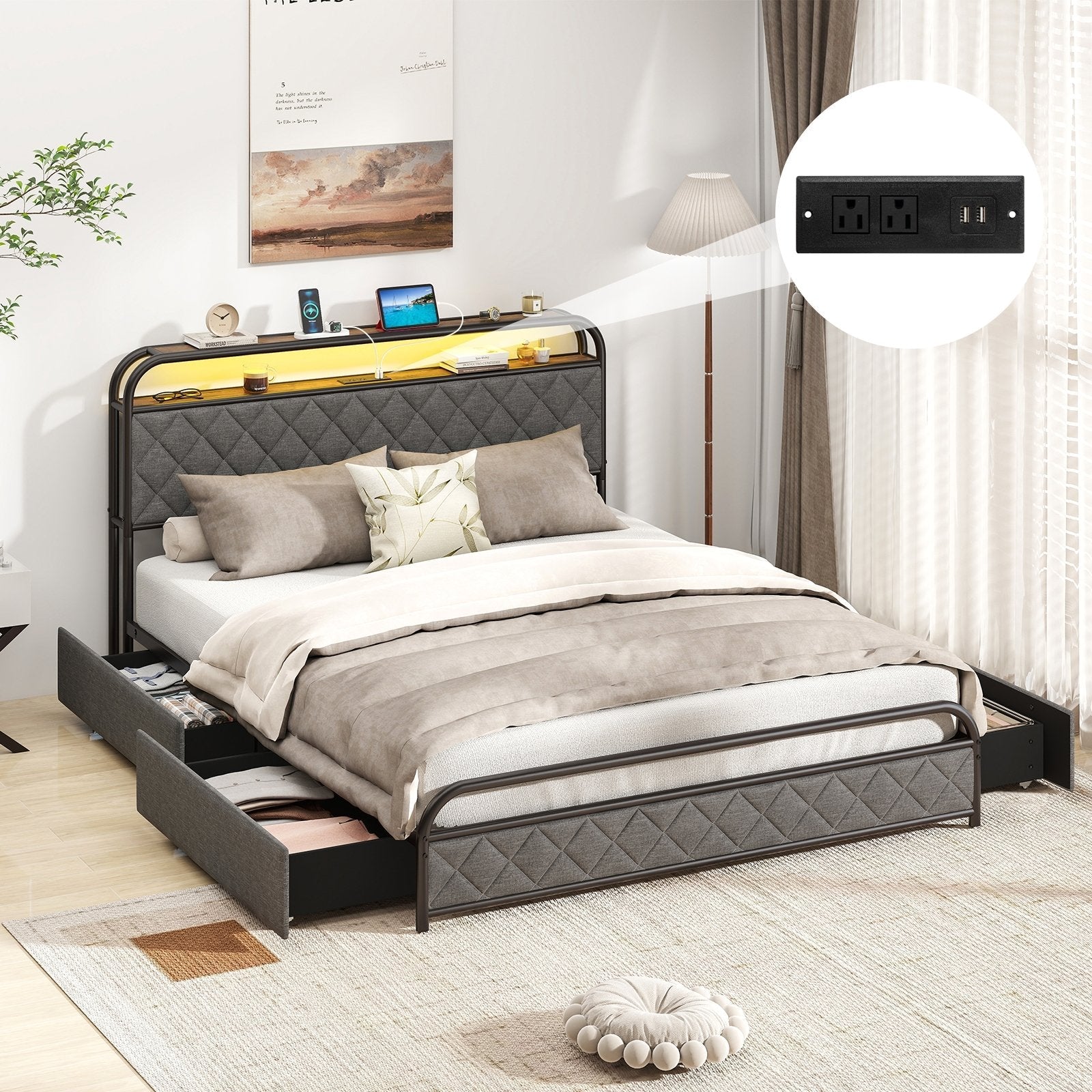 Twin/Full/Queen Size Bed Frame with LED Lights and Charging Station-Twin Size