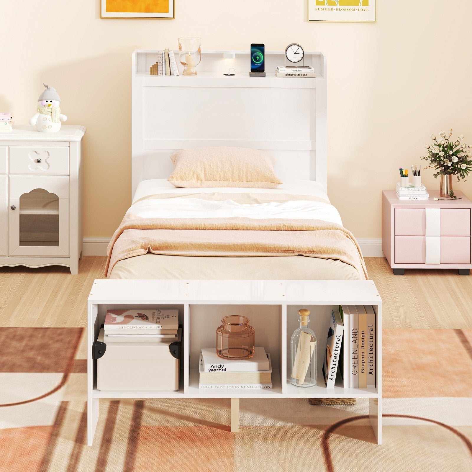 Twin Size Bed Frame with 2 USB Ports with Storage Headboard and Lights-Twin Size