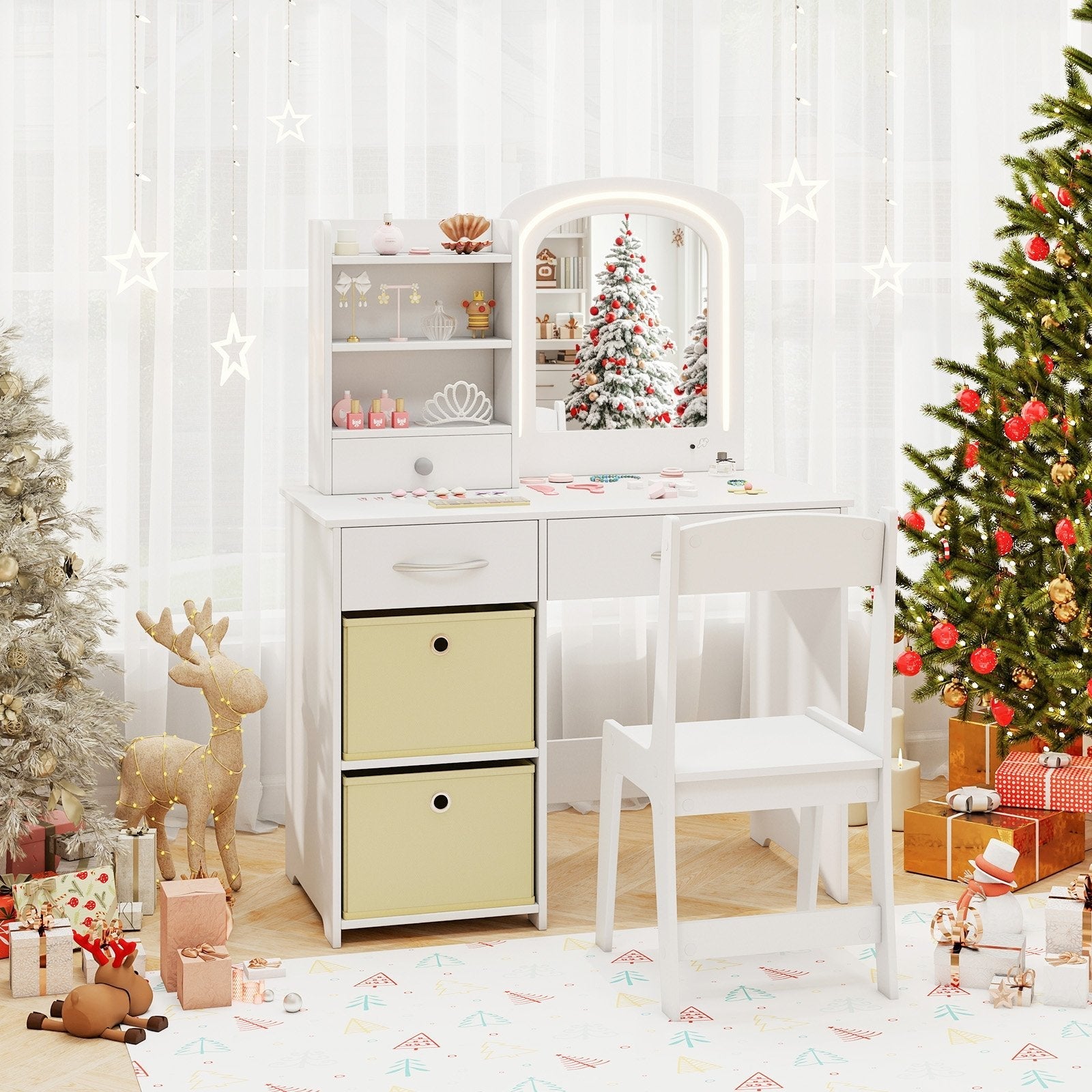 Kids Vanity Set with Lighted Mirror Makeup Desk and Chair Set with Drawers-Pink