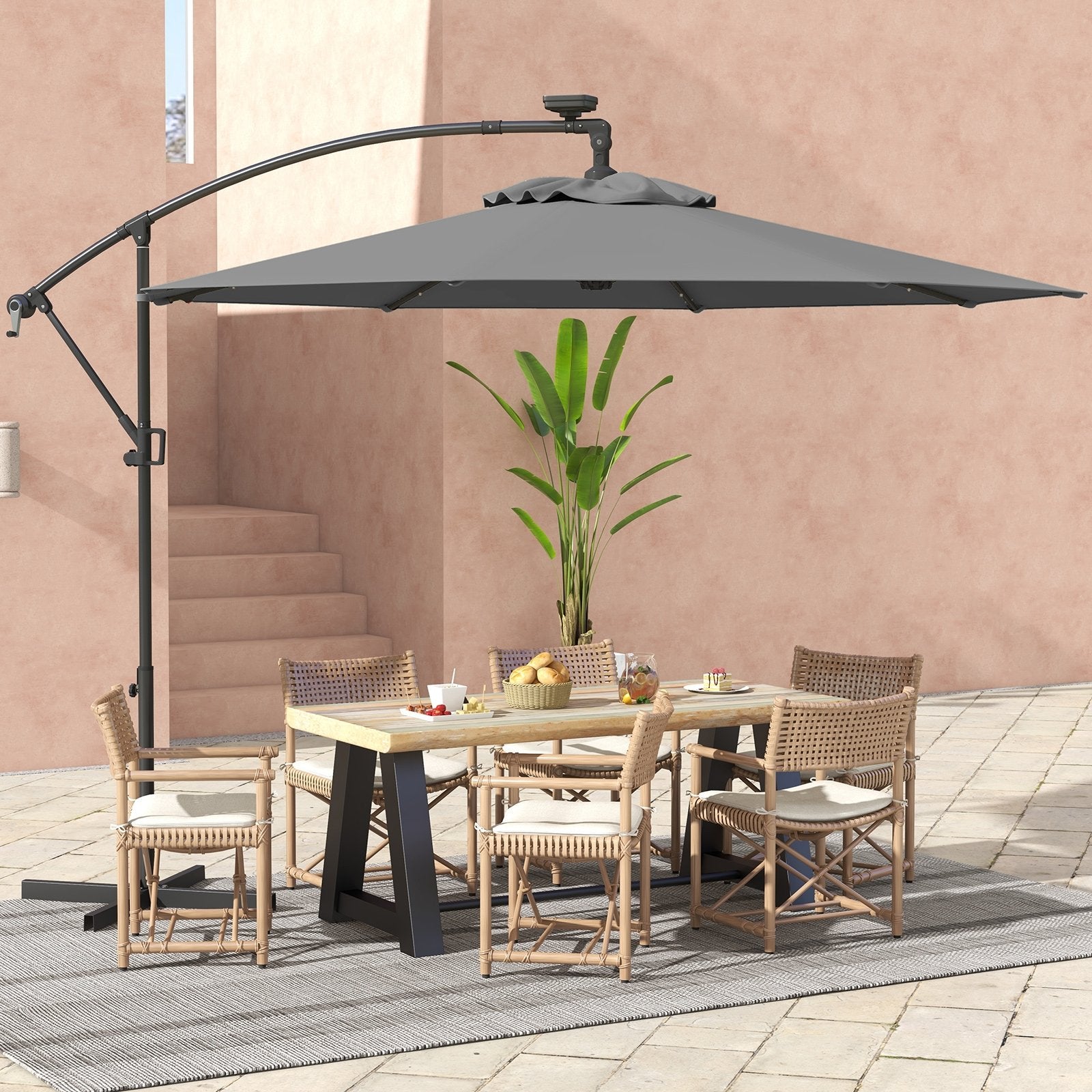 10 ft 360° Rotation Solar Powered LED Patio Offset Umbrella without Weight Base-Beige