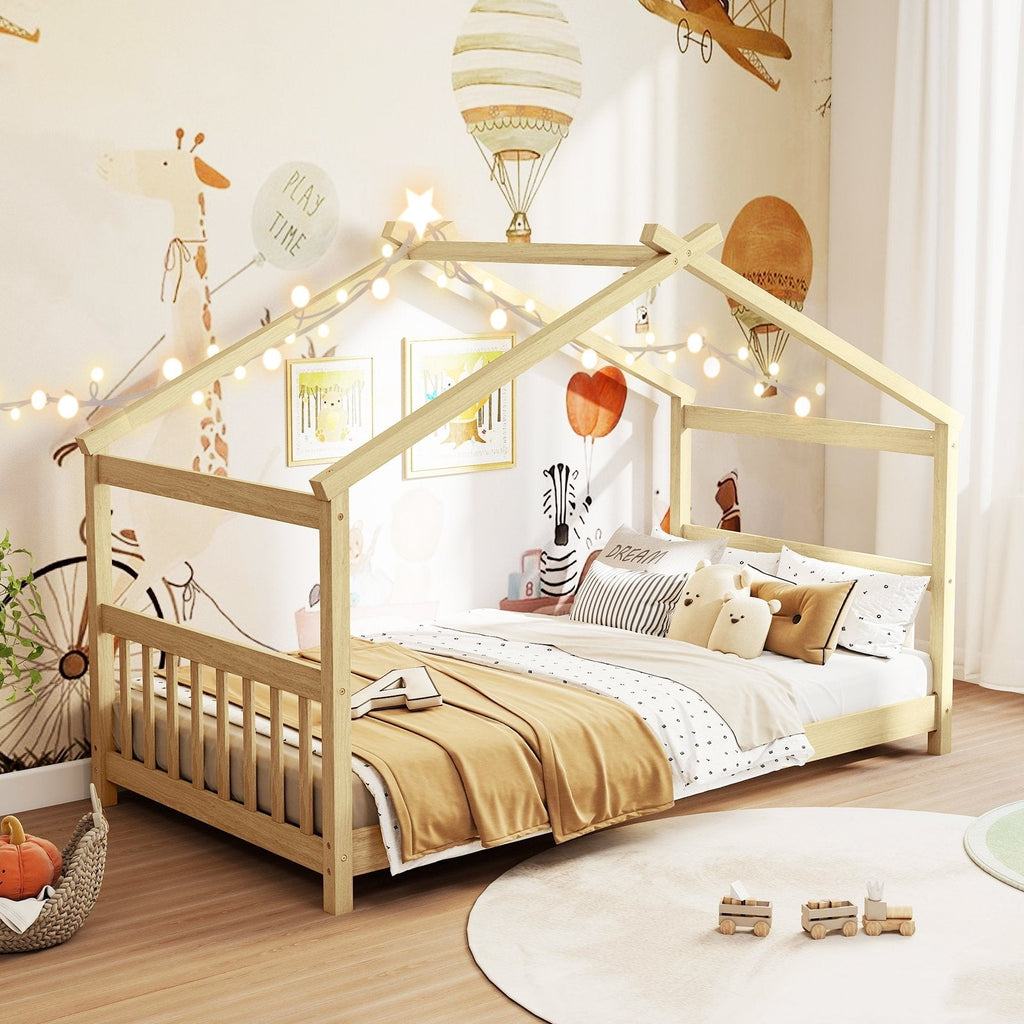 Twin Size Wooden House Bed with Roof-Natural