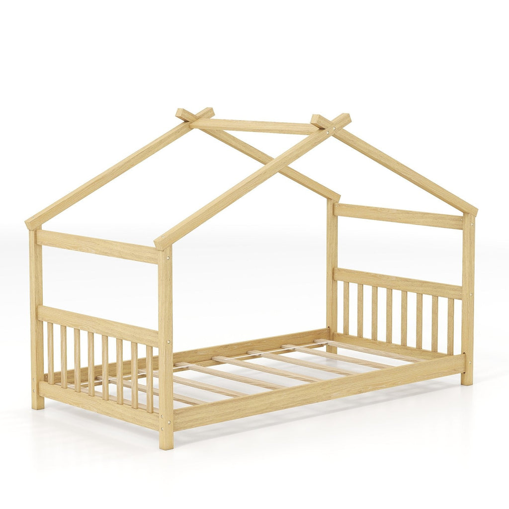Twin Size Wooden House Bed with Roof-Natural