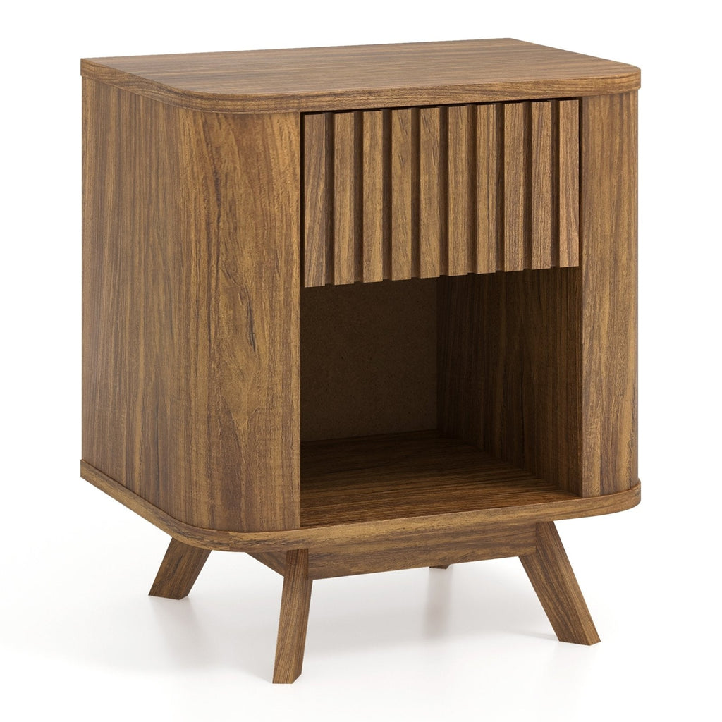 Mid-century Wood Nightstand with Drawer and Open Shelf-Walnut