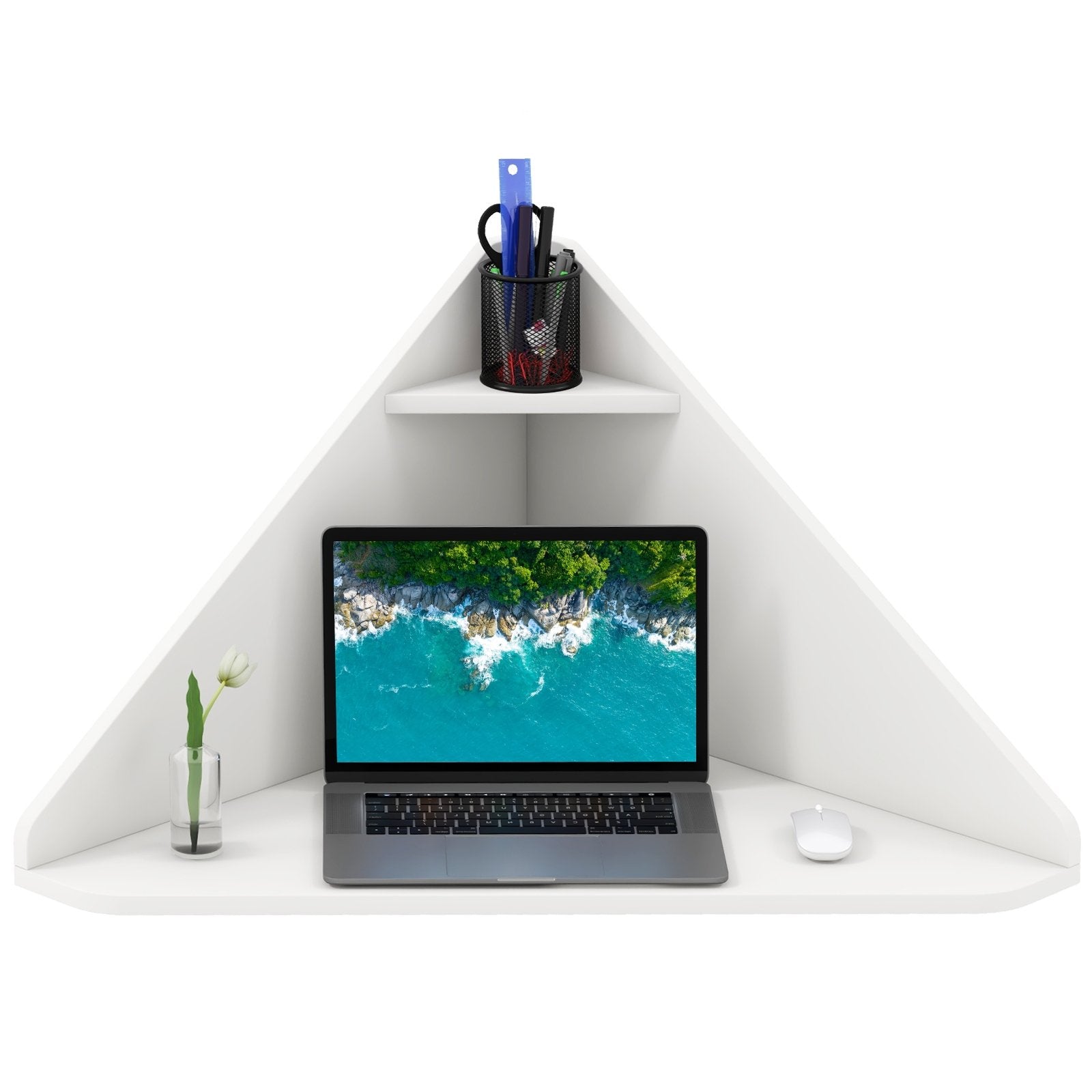 Floating Triangular Corner Computer Desk with Storage Shelf-Black