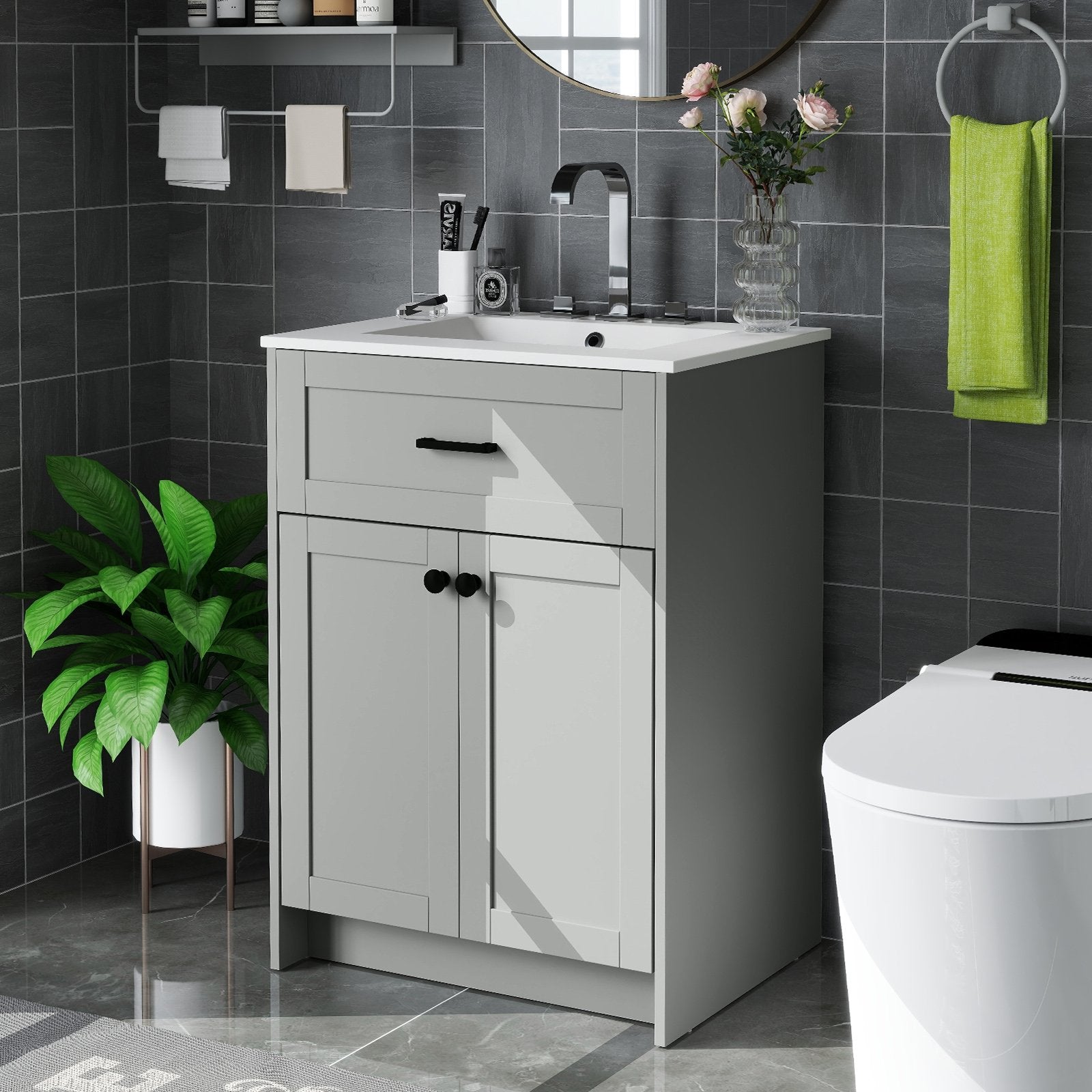 Bathroom Vanity Unit with Basin and 2 Doors-Gray