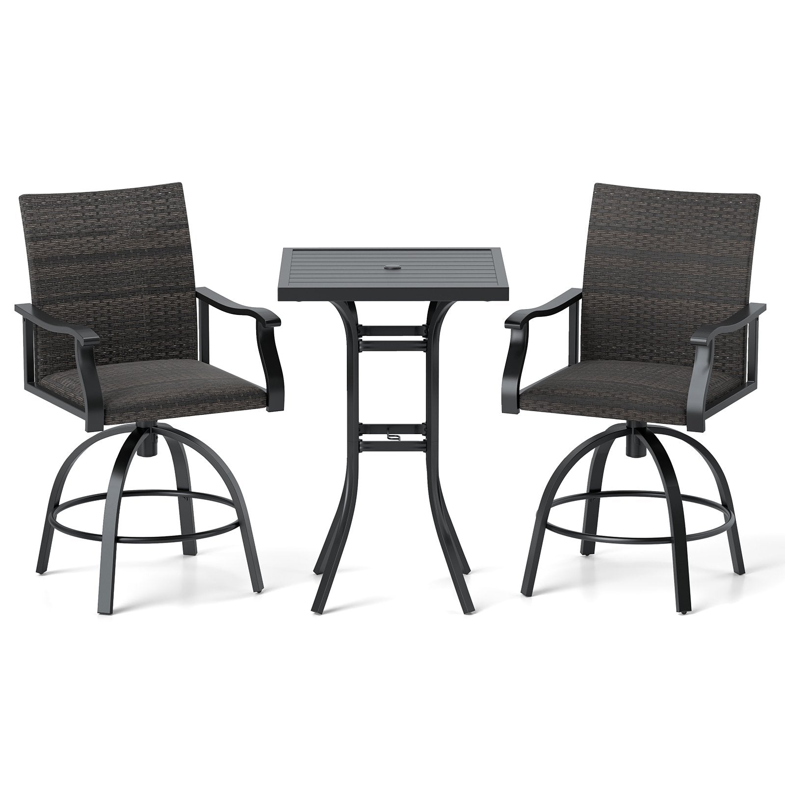 3 Pieces PE Wicker Patio Swivel Bar Set with Quick-Drying Foam-Black