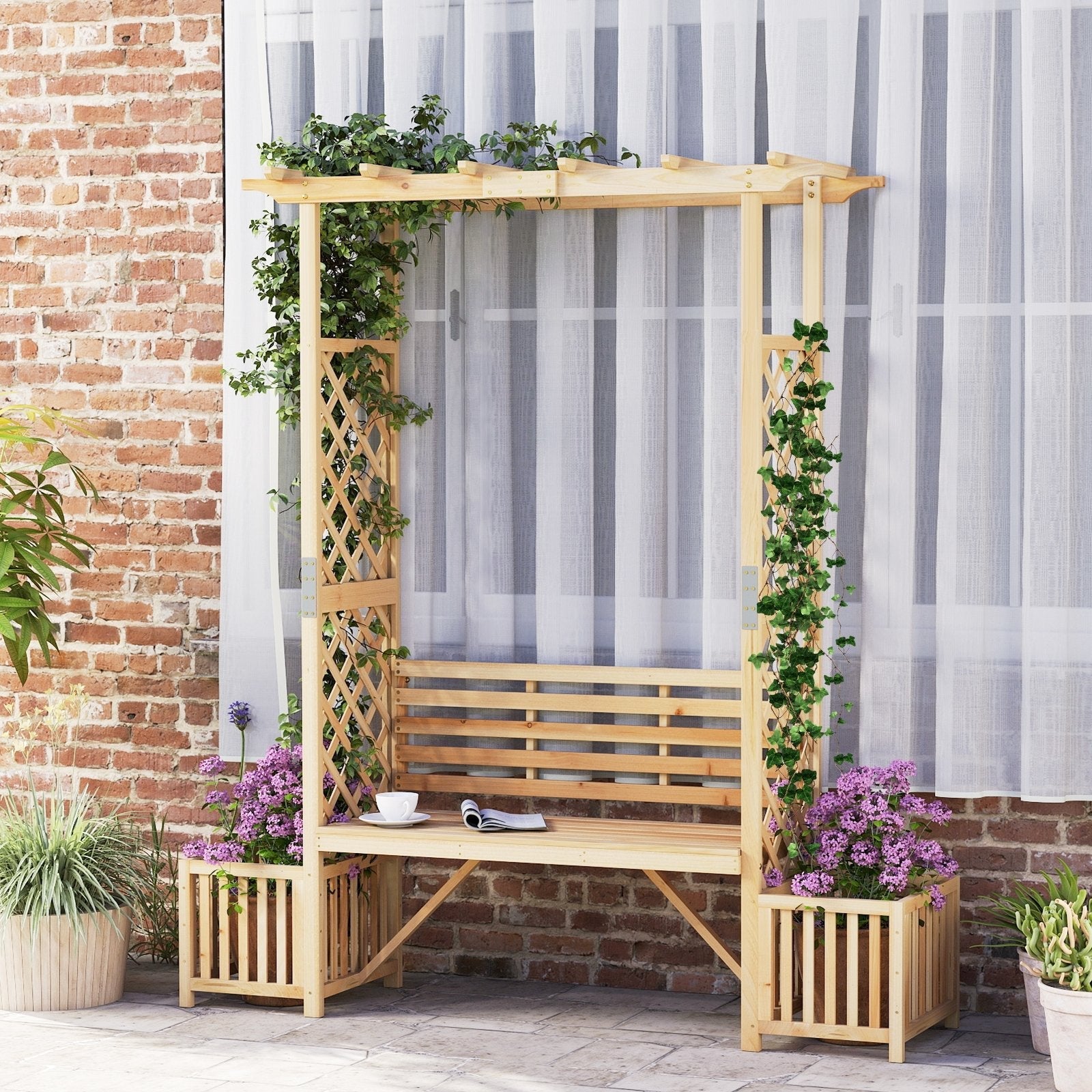 Patio Garden Bench Arbor ArchOutdoor Wood Decorative Seating-Natural